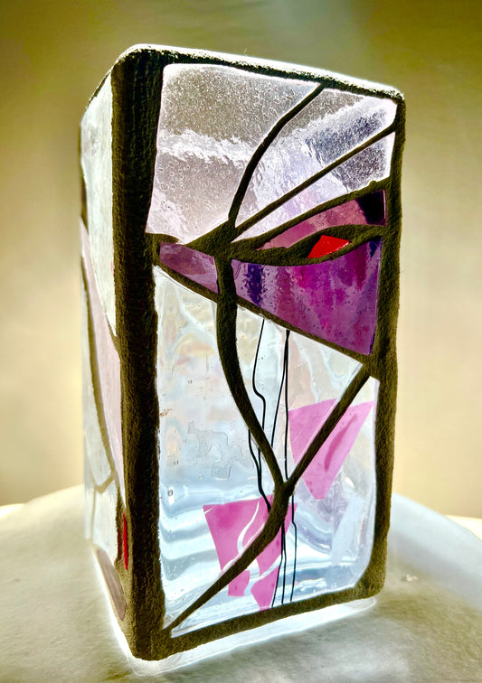 "Eye of Winter" – Frosted Stained Glass Cathedral Candleholder in Purples, Pinks & Clear Crystal
