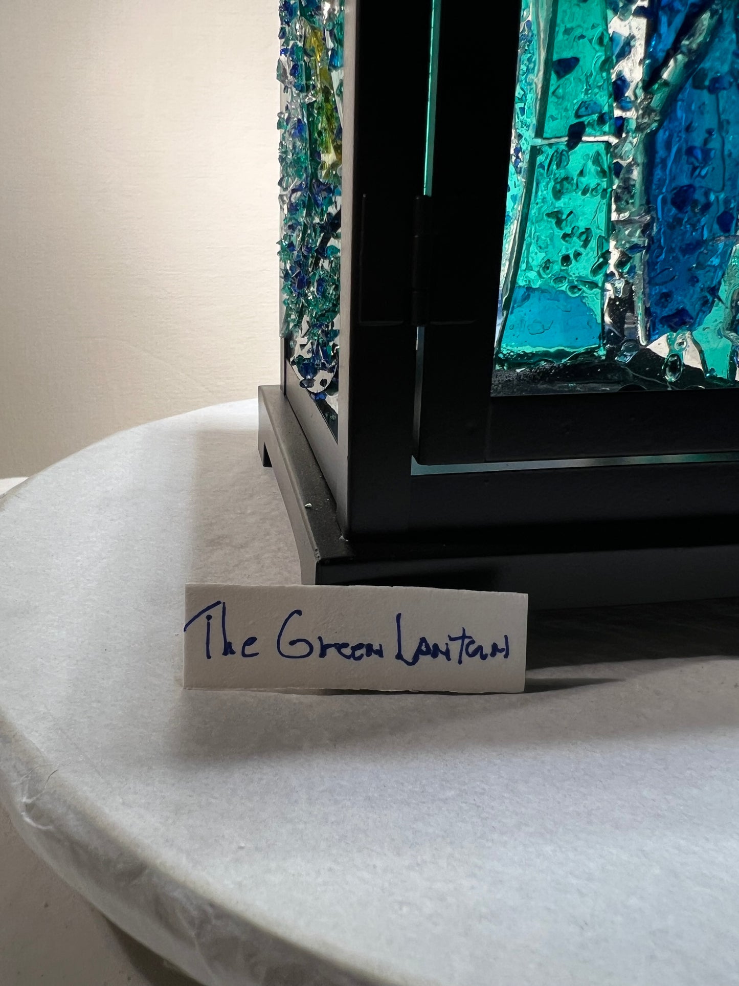 "Green Lantern" – Stained Glass Candle Lantern in Teal, Aqua & Sapphire Blues