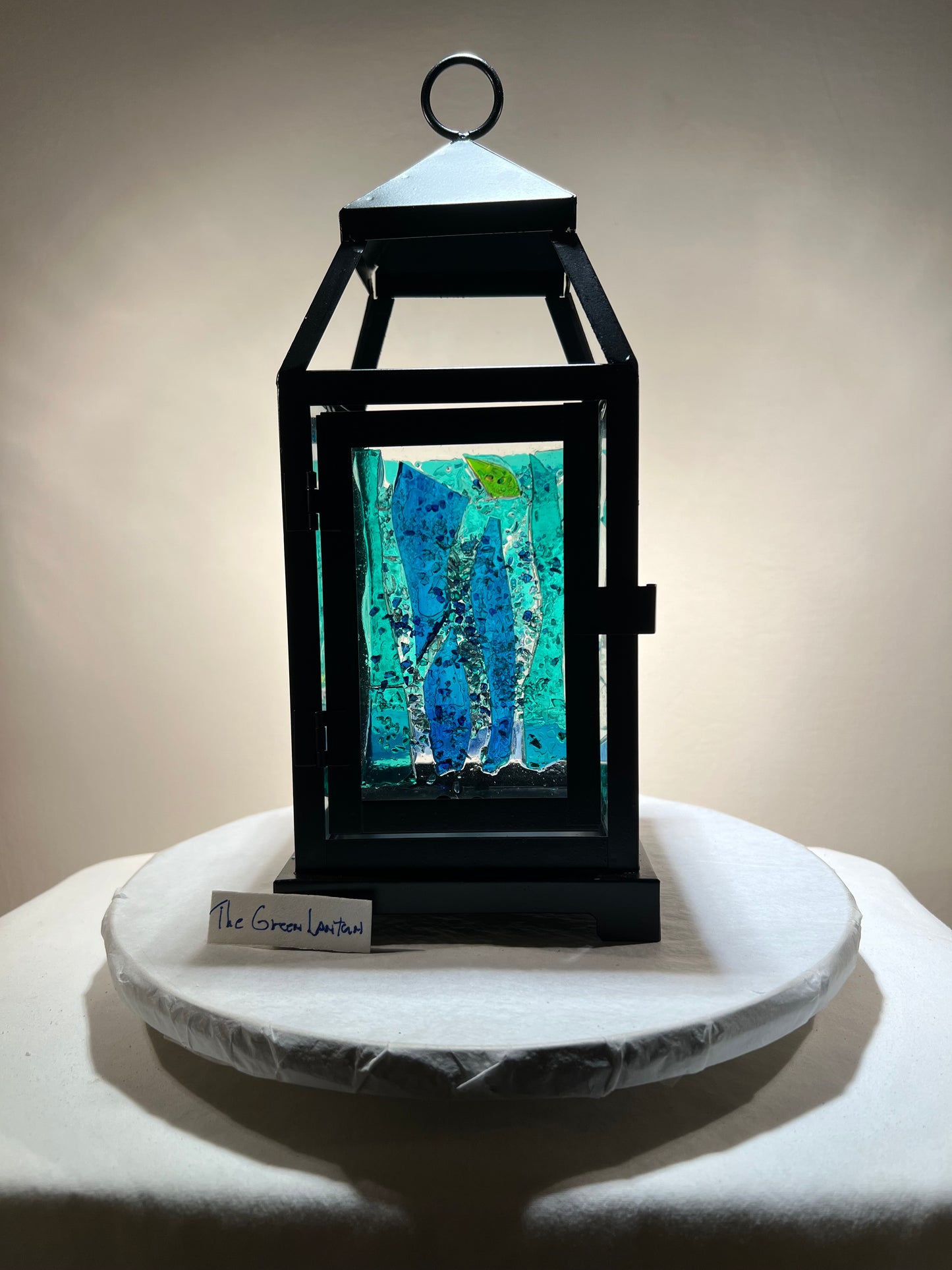 "Green Lantern" – Stained Glass Candle Lantern in Teal, Aqua & Sapphire Blues