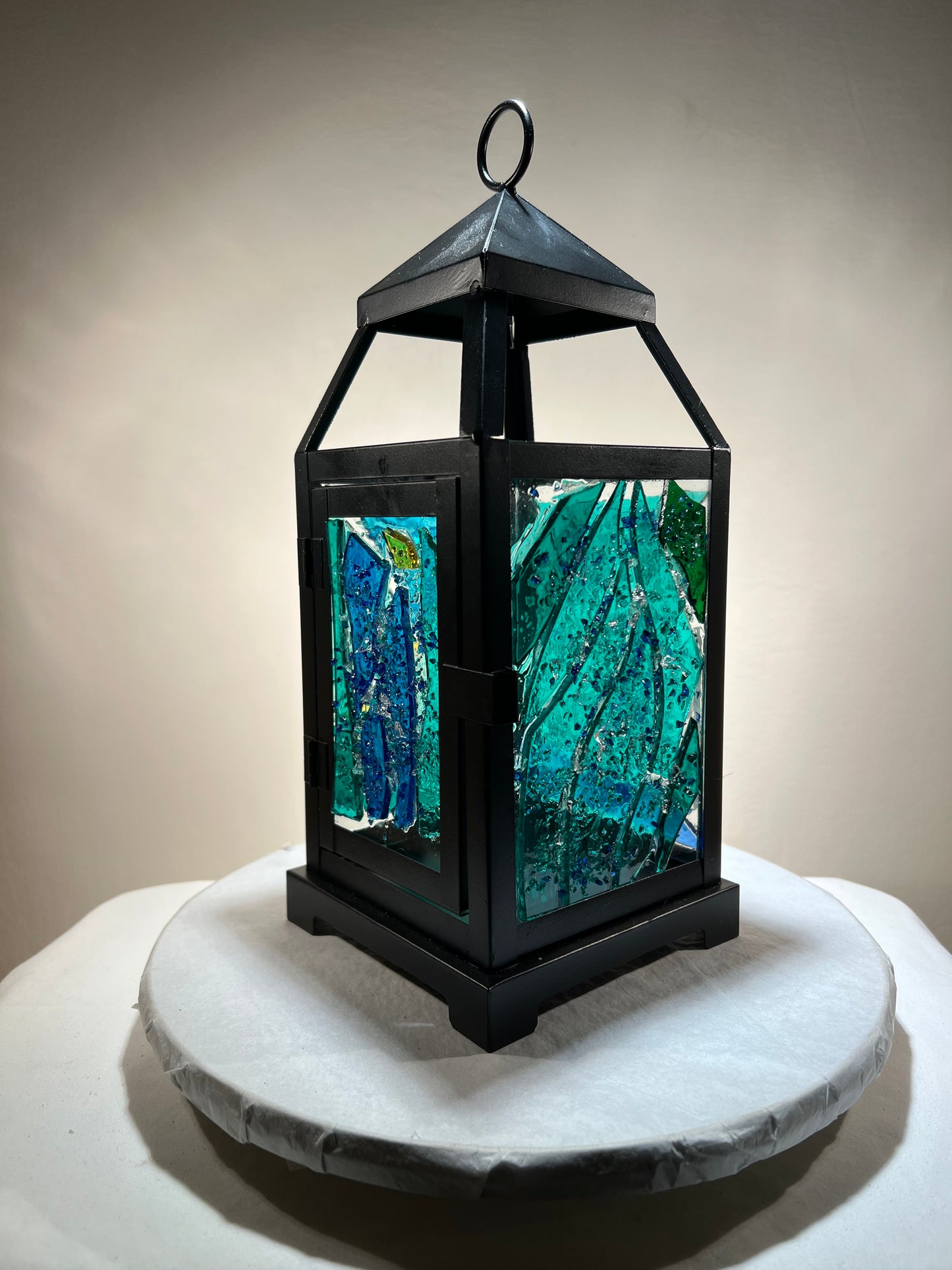 "Green Lantern" – Stained Glass Candle Lantern in Teal, Aqua & Sapphire Blues