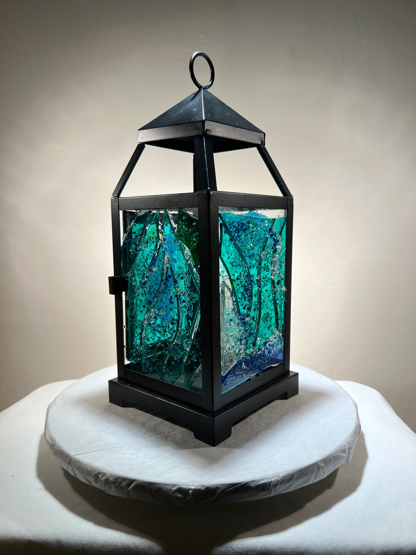 "Green Lantern" – Stained Glass Candle Lantern in Teal, Aqua & Sapphire Blues