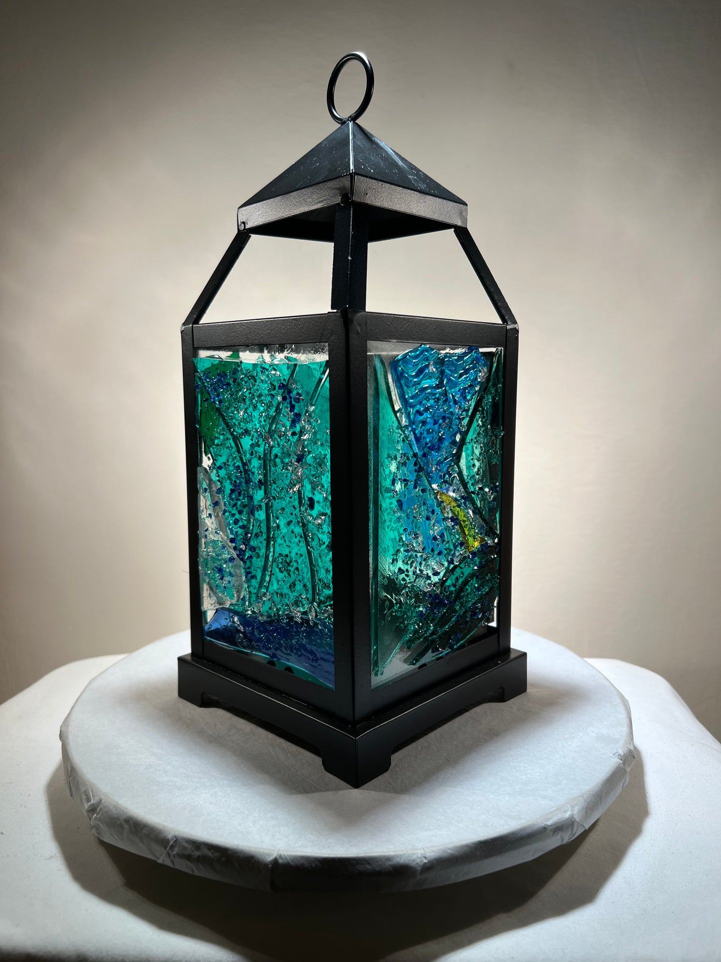"Green Lantern" – Stained Glass Candle Lantern in Teal, Aqua & Sapphire Blues