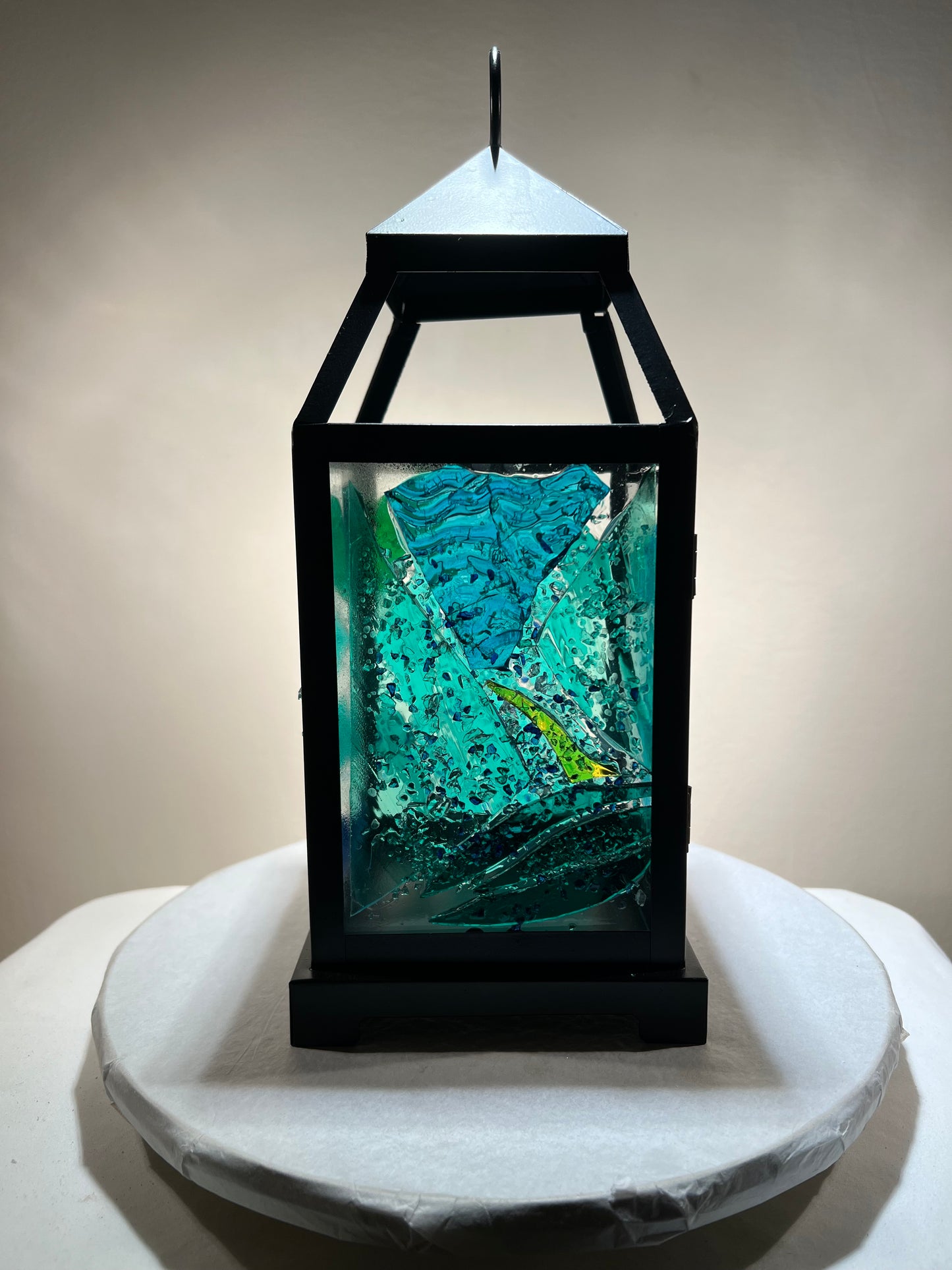 "Green Lantern" – Stained Glass Candle Lantern in Teal, Aqua & Sapphire Blues