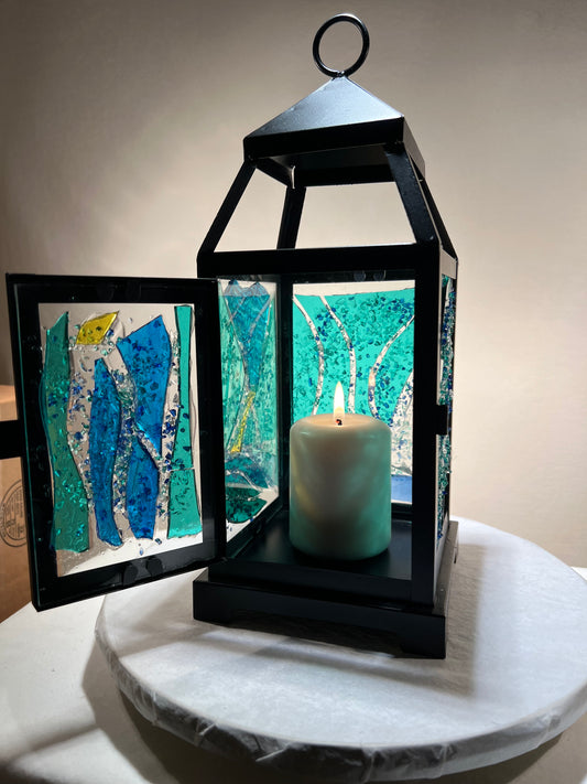 "Green Lantern" – Stained Glass Candle Lantern in Teal, Aqua & Sapphire Blues