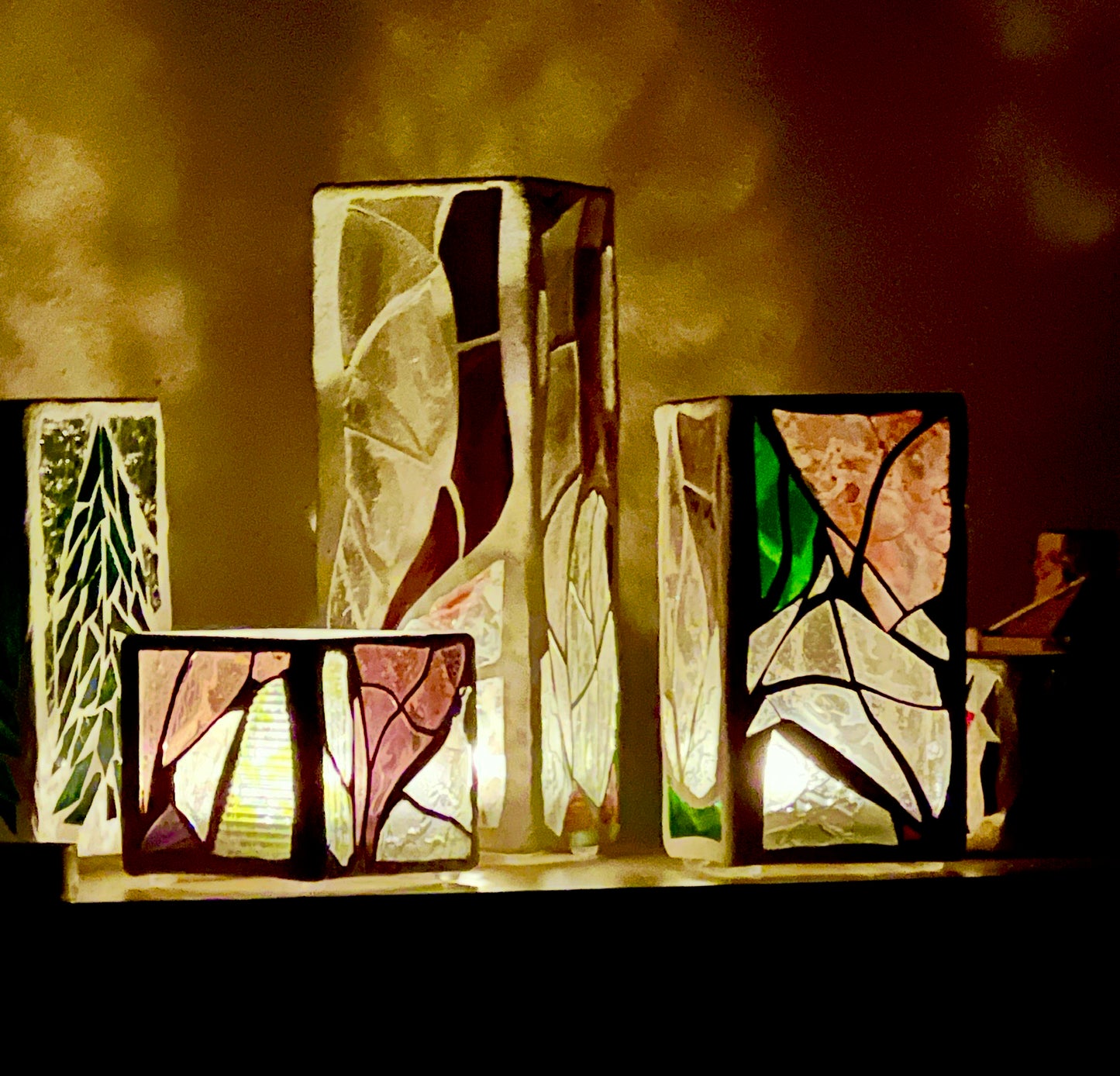 "The Three Sisters in Pink" Cathedral Candleholders – A Unique Trio of Stained Glass Elegance