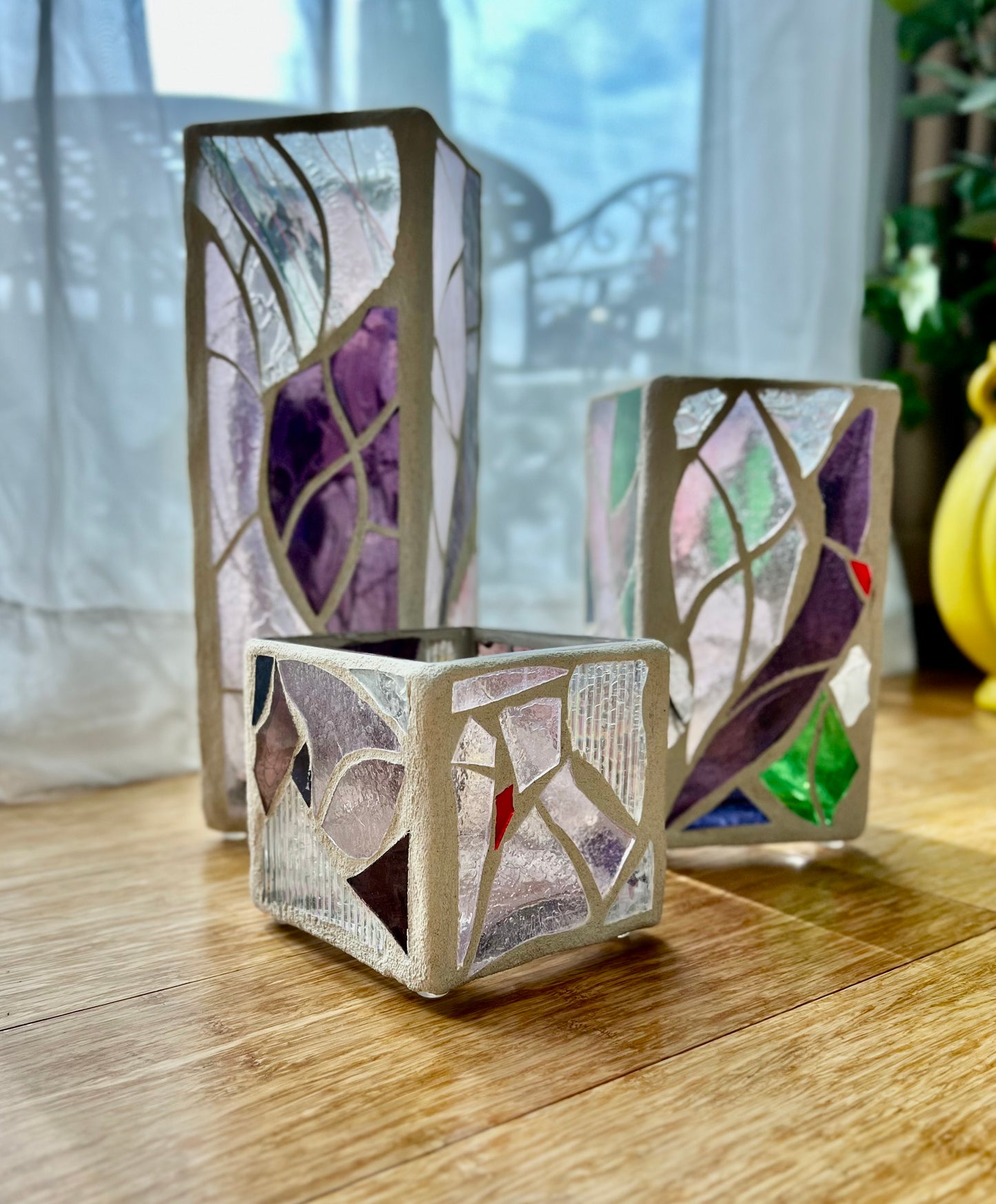 "The Three Sisters in Pink" Cathedral Candleholders – A Unique Trio of Stained Glass Elegance