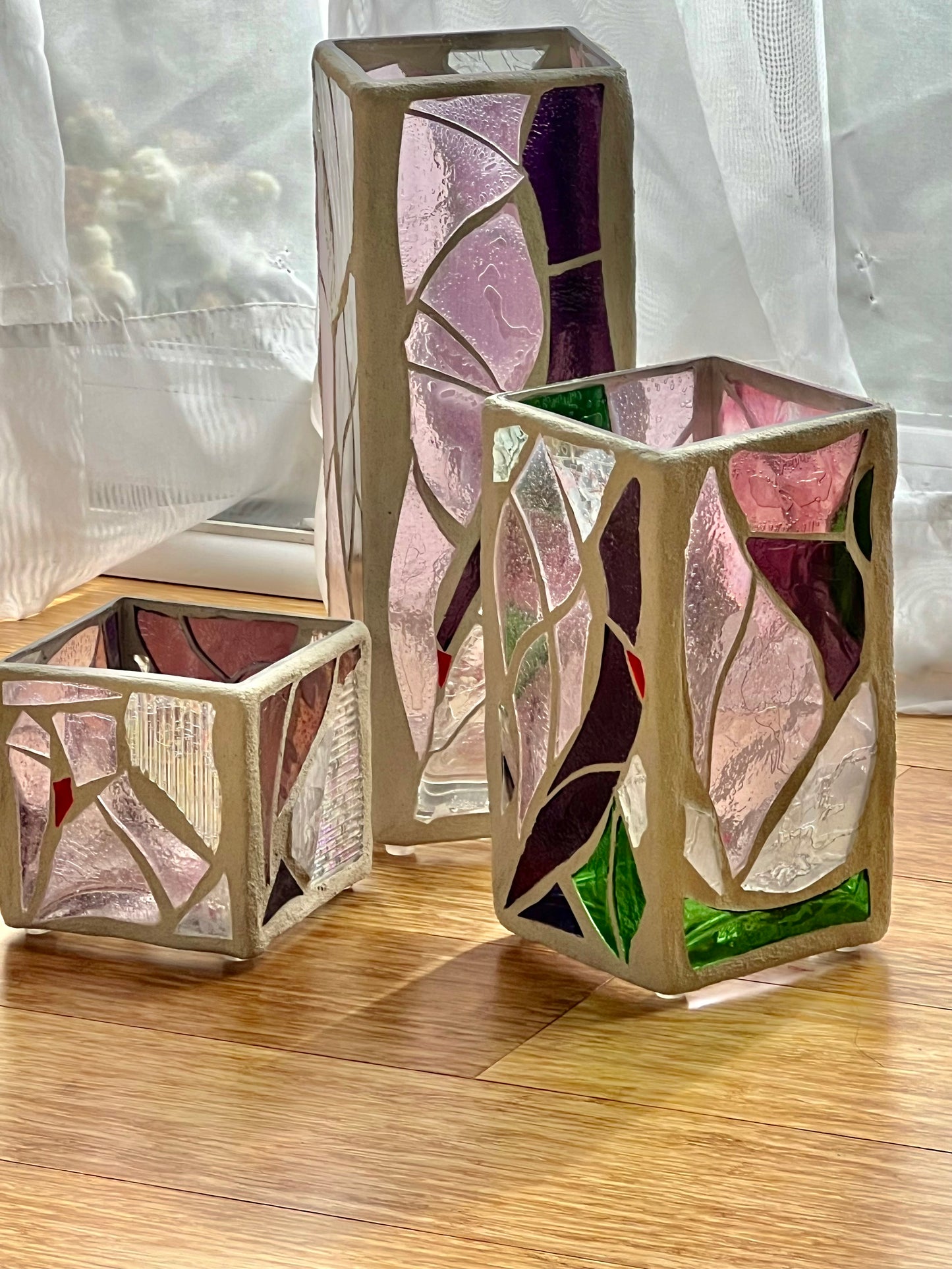 "The Three Sisters in Pink" Cathedral Candleholders – A Unique Trio of Stained Glass Elegance
