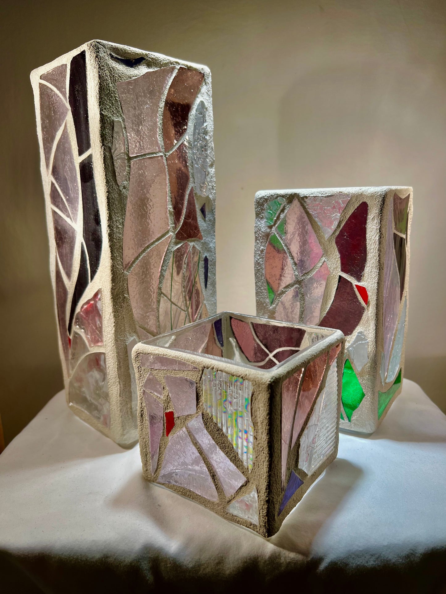 "The Three Sisters in Pink" Cathedral Candleholders – A Unique Trio of Stained Glass Elegance