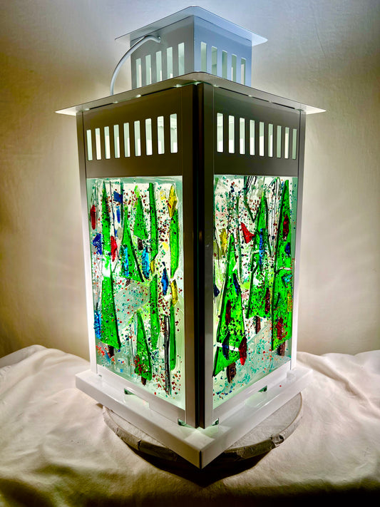 "Country Christmas Lantern" Stained Glass Holiday Candle Lantern – 15 Inch