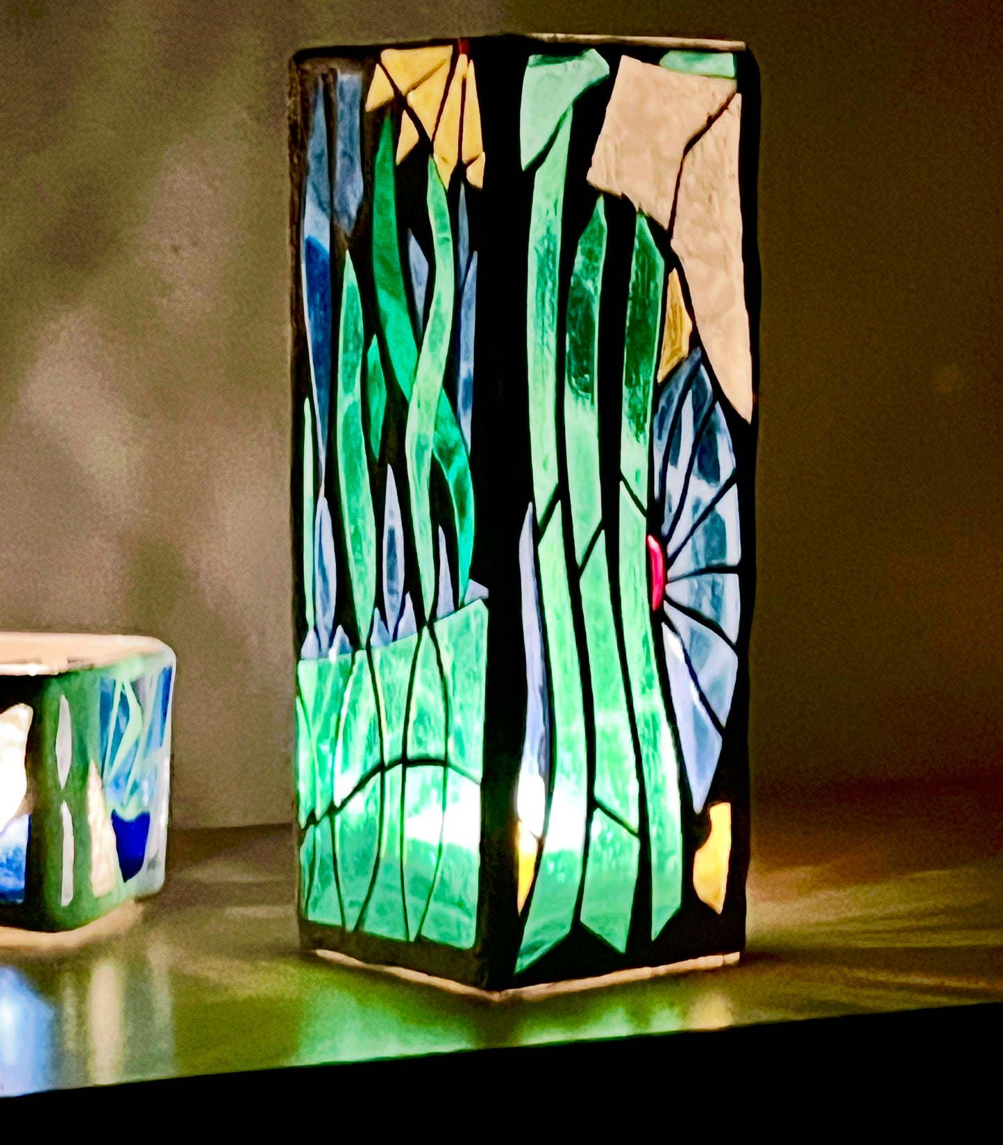 "CandleTree" Stained Glass Candle Holder – Green, Blue,and Yellow Glass with White Grout, 12x4x4”