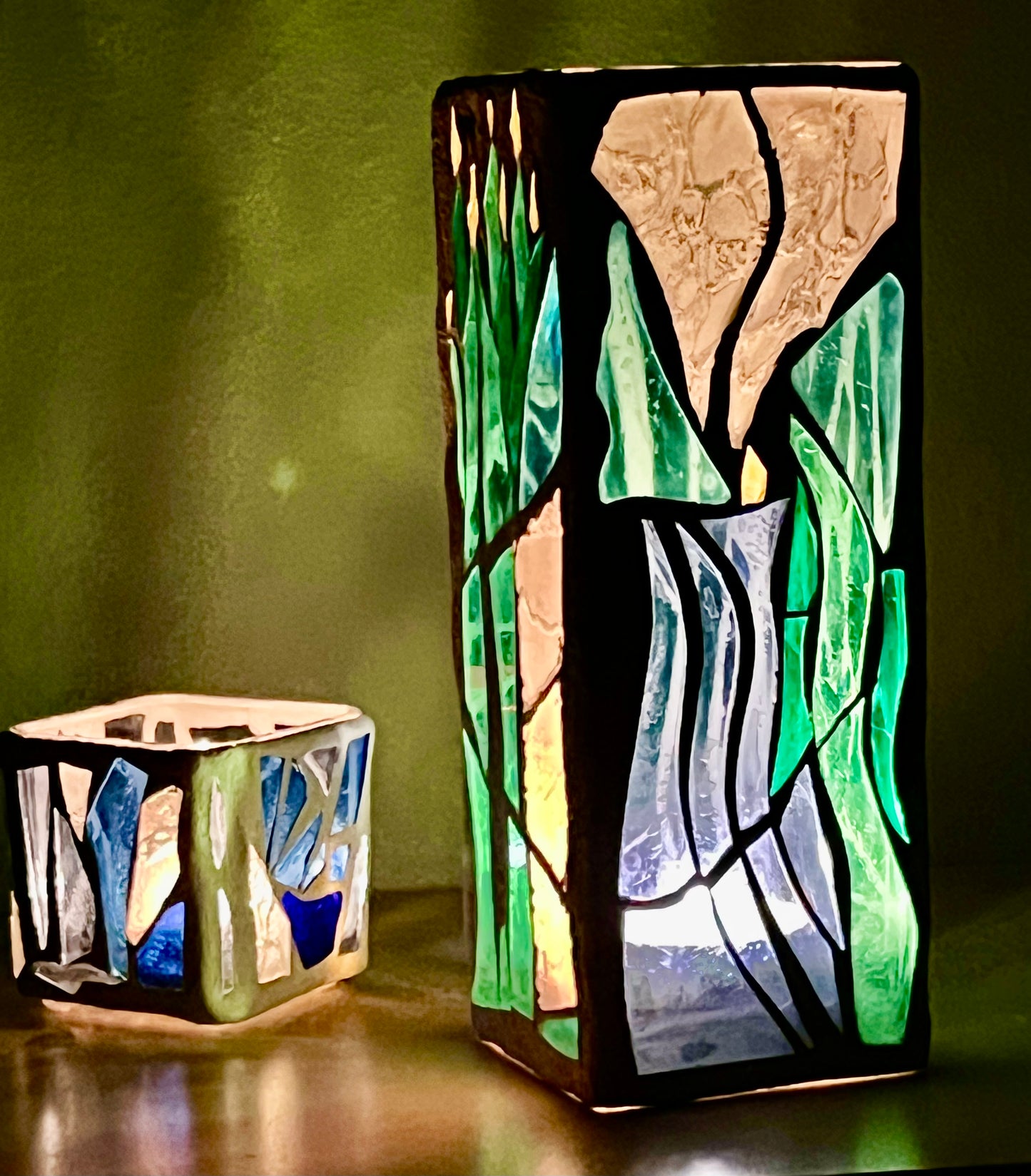 "CandleTree" Stained Glass Candle Holder – Green, Blue,and Yellow Glass with White Grout, 12x4x4”
