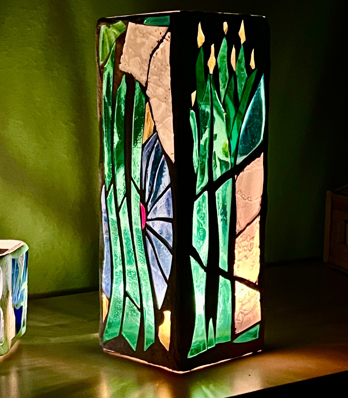 "CandleTree" Stained Glass Candle Holder – Green, Blue,and Yellow Glass with White Grout, 12x4x4”
