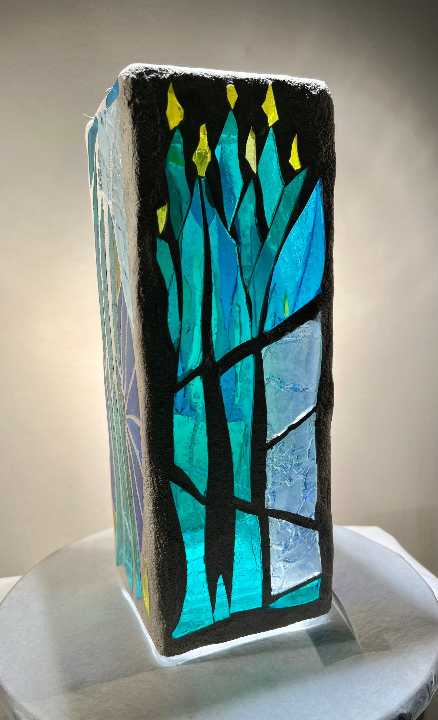 "CandleTree" Stained Glass Candle Holder – Green, Blue,and Yellow Glass with White Grout, 12x4x4”