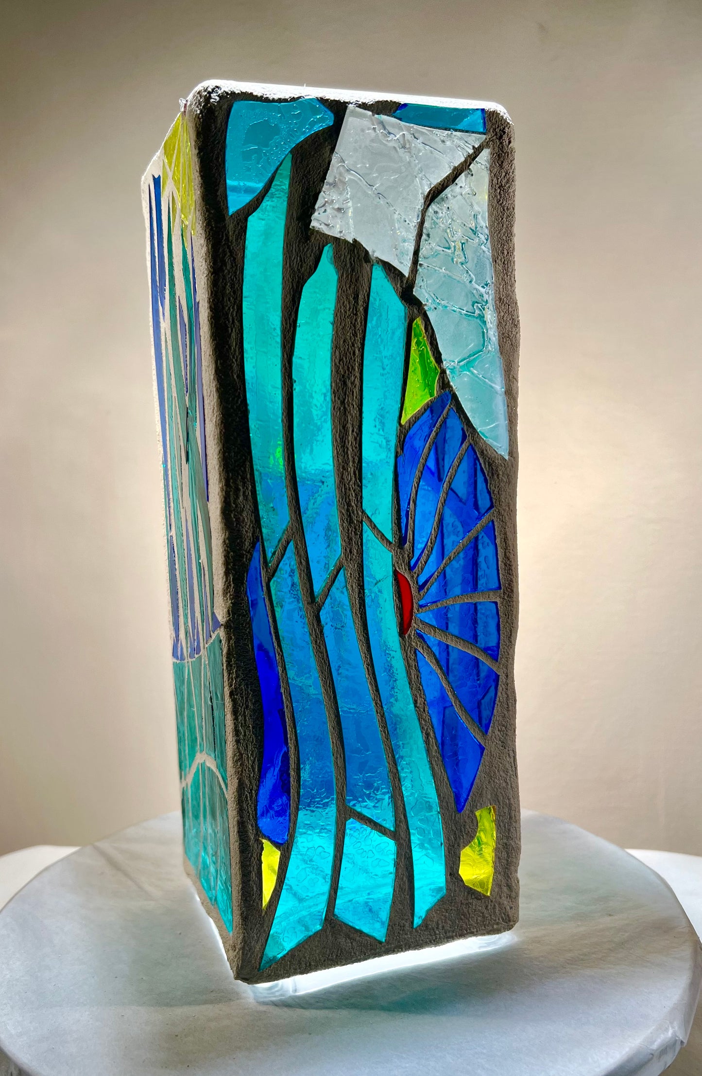 "CandleTree" Stained Glass Candle Holder – Green, Blue,and Yellow Glass with White Grout, 12x4x4”