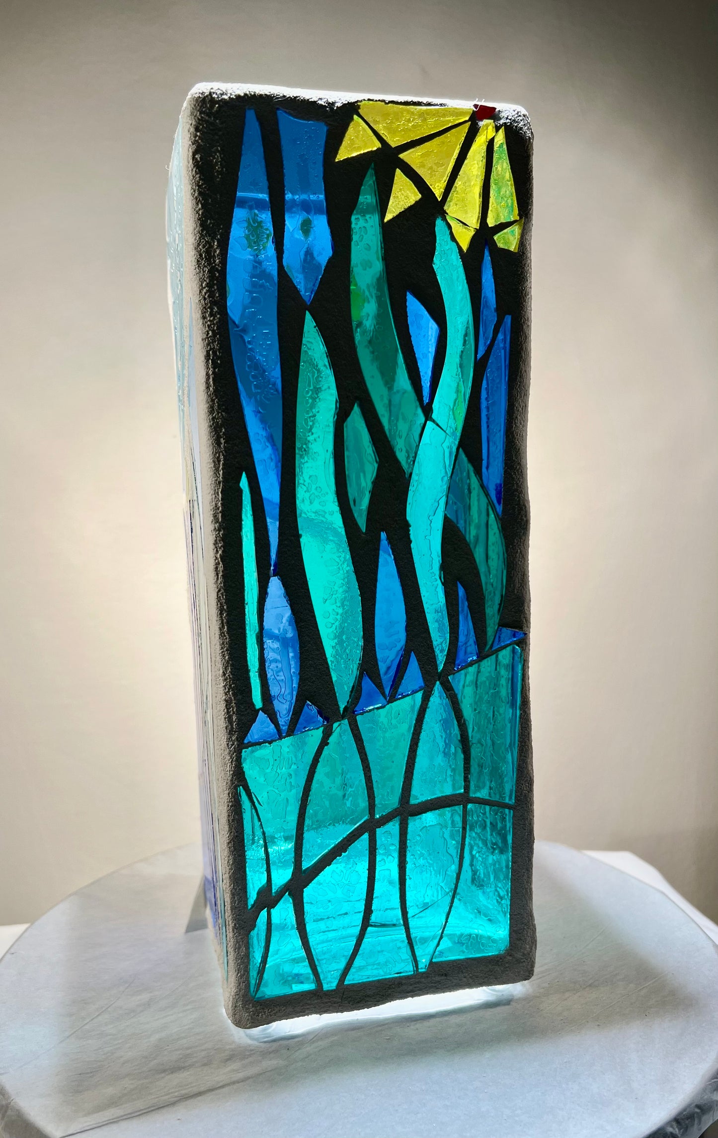 "CandleTree" Stained Glass Candle Holder – Green, Blue,and Yellow Glass with White Grout, 12x4x4”