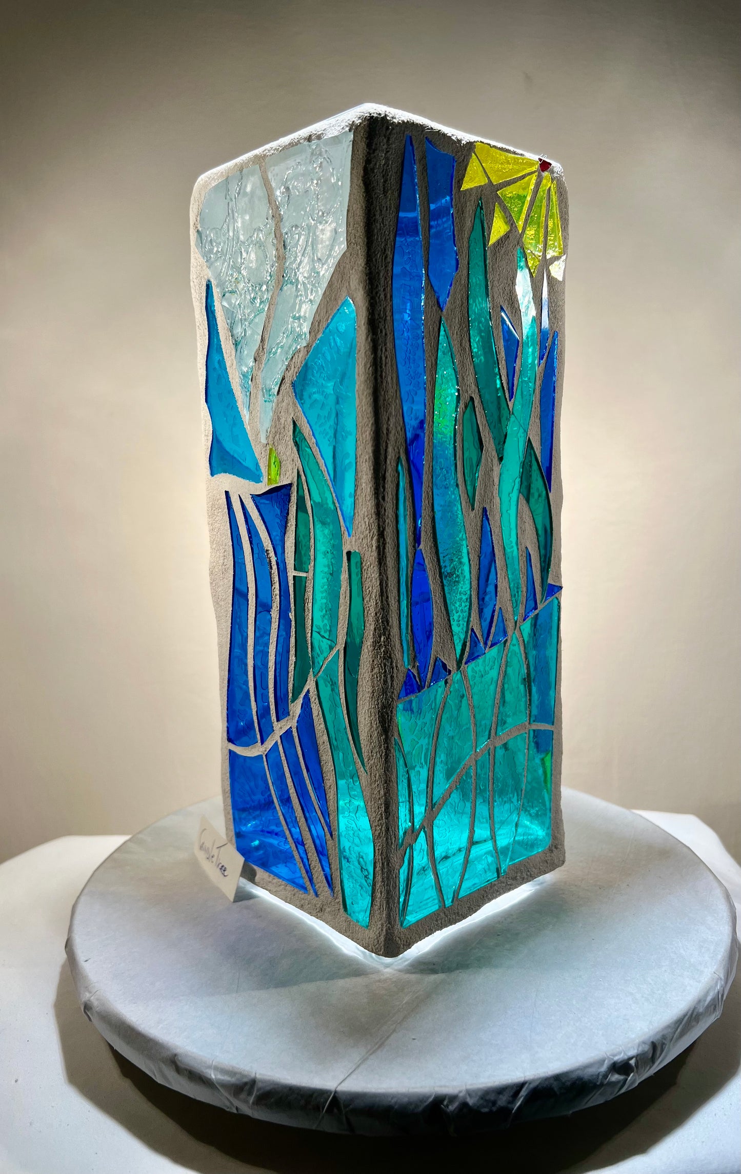 "CandleTree" Stained Glass Candle Holder – Green, Blue,and Yellow Glass with White Grout, 12x4x4”