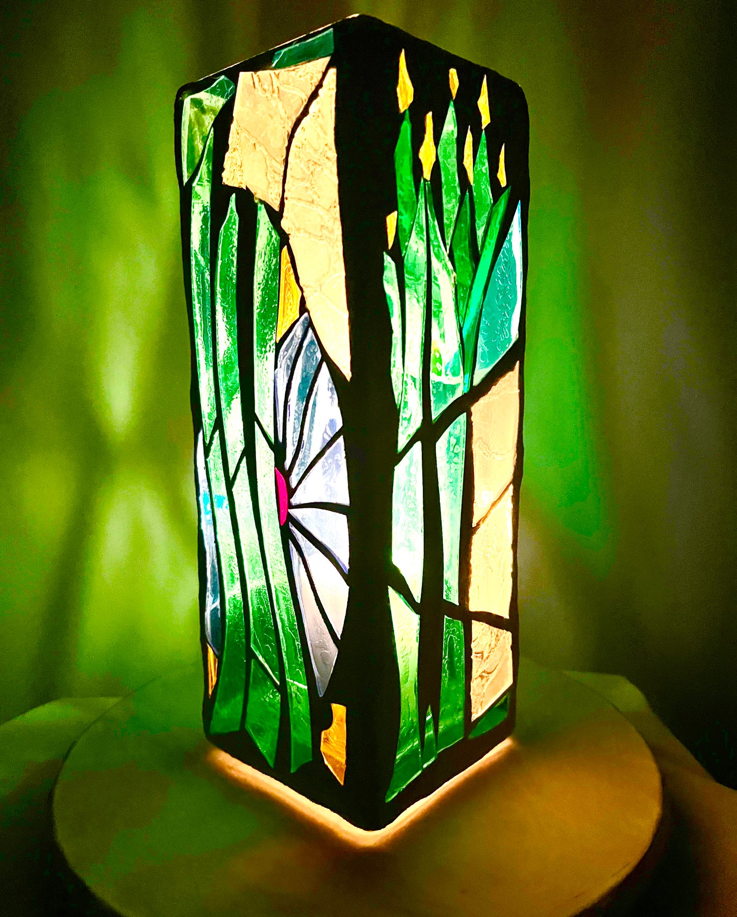 "CandleTree" Stained Glass Candle Holder – Green, Blue,and Yellow Glass with White Grout, 12x4x4”
