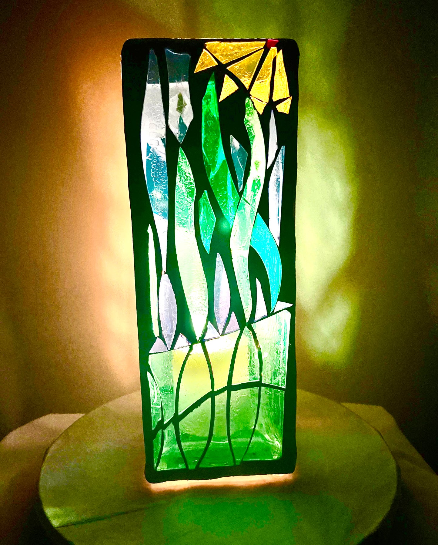 "CandleTree" Stained Glass Candle Holder – Green, Blue,and Yellow Glass with White Grout, 12x4x4”