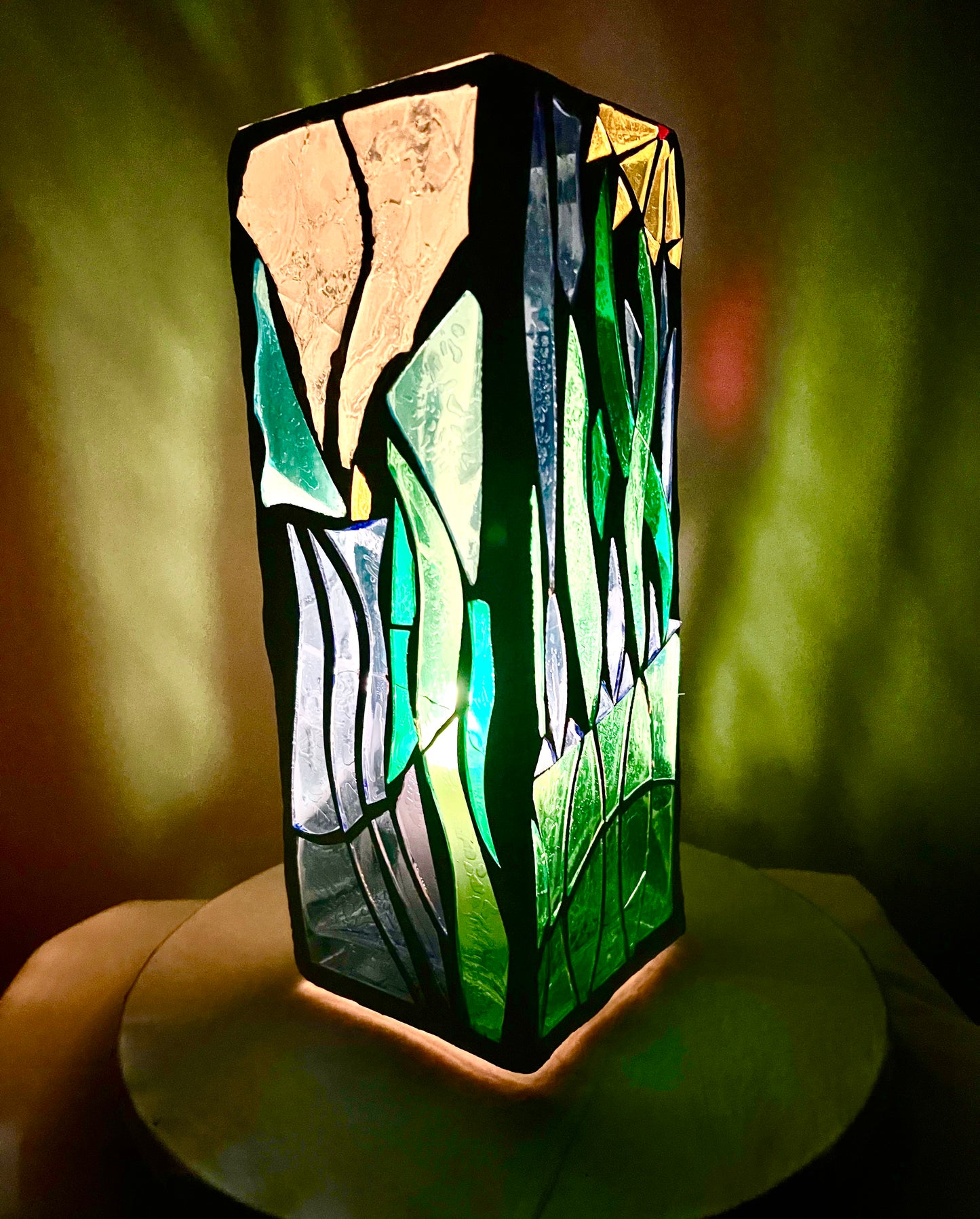 "CandleTree" Stained Glass Candle Holder – Green, Blue,and Yellow Glass with White Grout, 12x4x4”