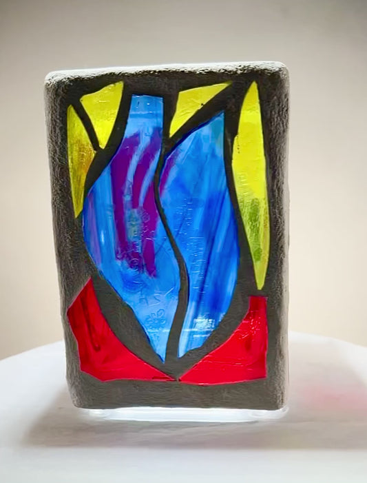 "Heart on Fire" Cathedral Candleholder", Stained Glass Candleholder in Red, Blue, and Crystal Clear stained glass, 6x4"