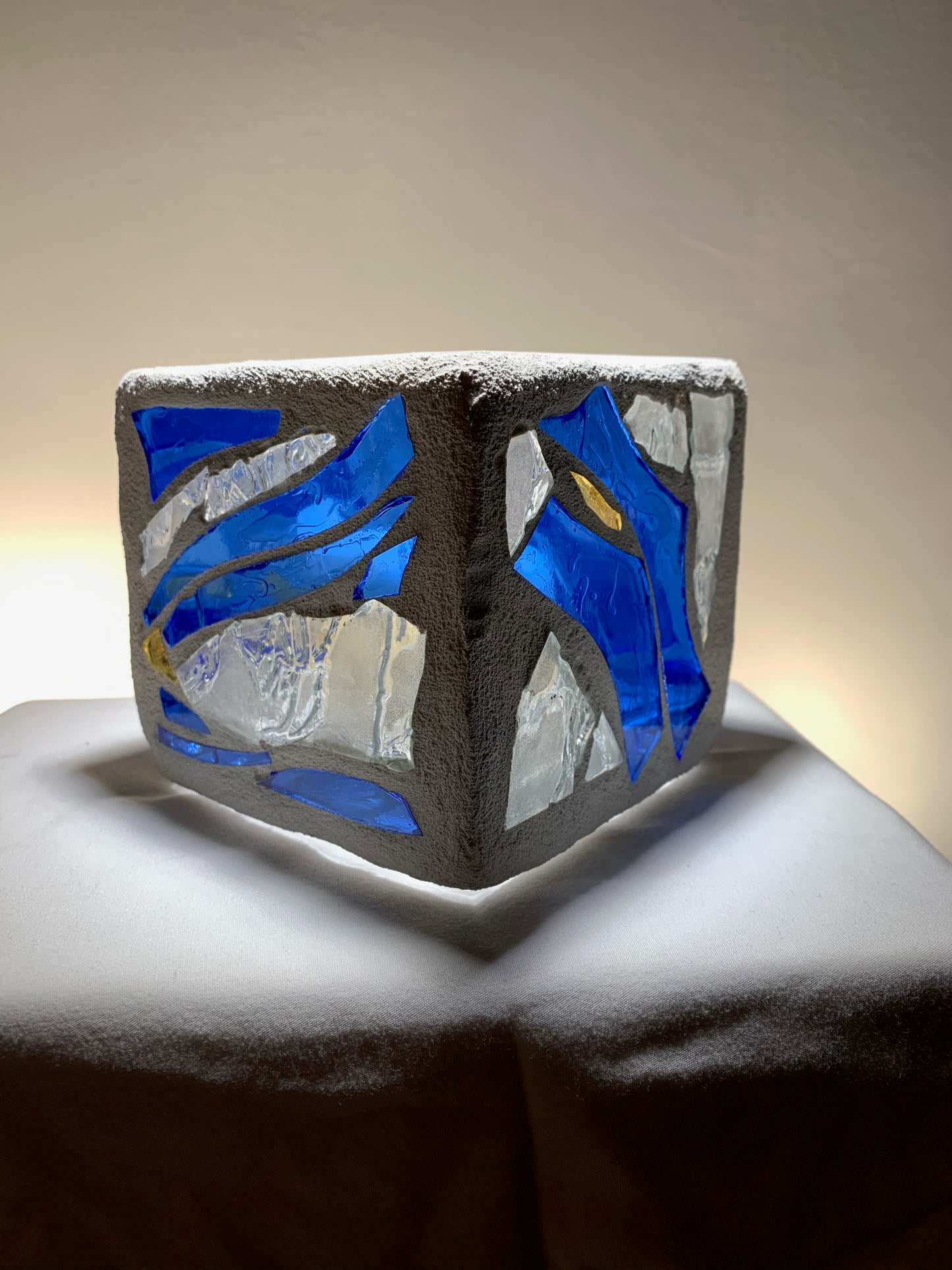 "Siren's Song" - 4x4x4 Blue Stained Glass Candleholder with Clear Accents