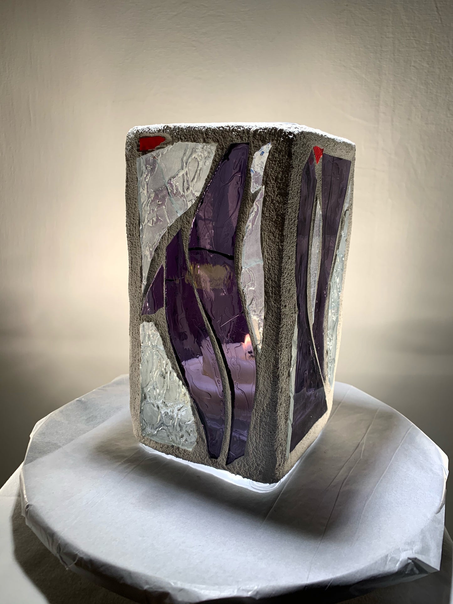 "Family" Stained Glass Candleholder, 8x4 with Purple, Blue, and Crystal Clear Design - Cathedral Candles by Martsolf Design