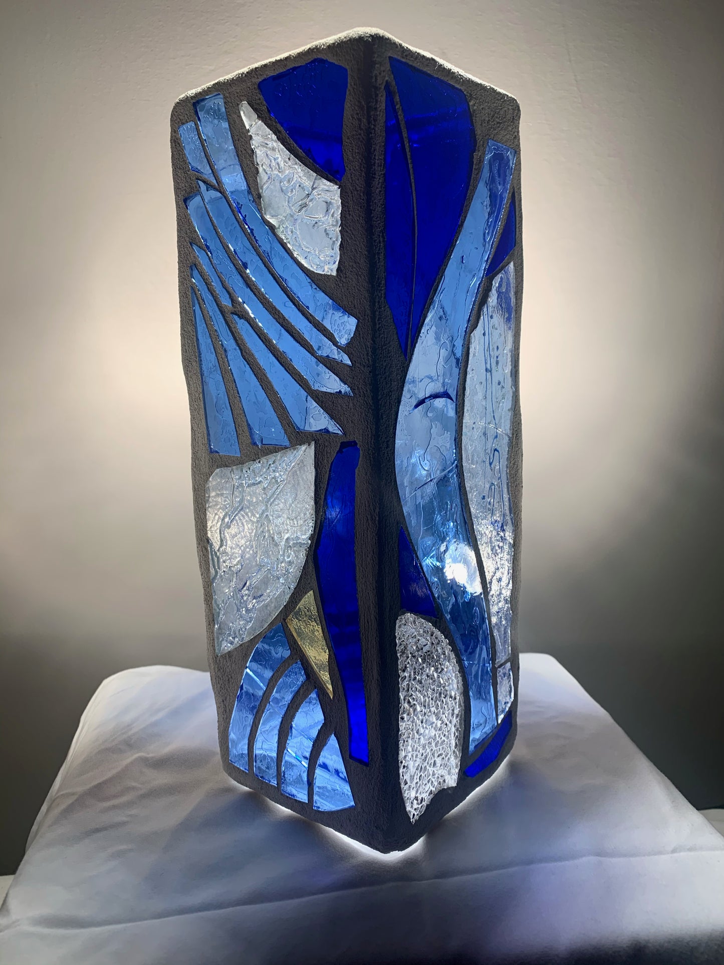 "The Blue Wind" Stained Glass Candle Holder – Sky Blue and Crystal Clear Glass with White Grout
