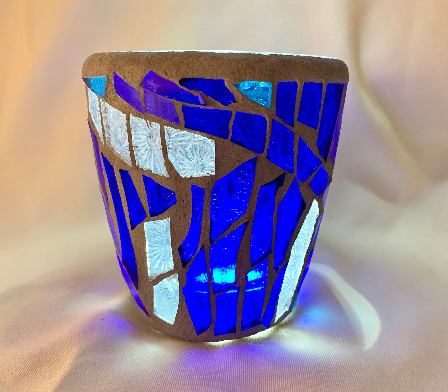 "Blue Crystal"  Stained Glass Candle Holder – Blue and Clear Glass with Delorean Gray Grout | Cathedral Candles"