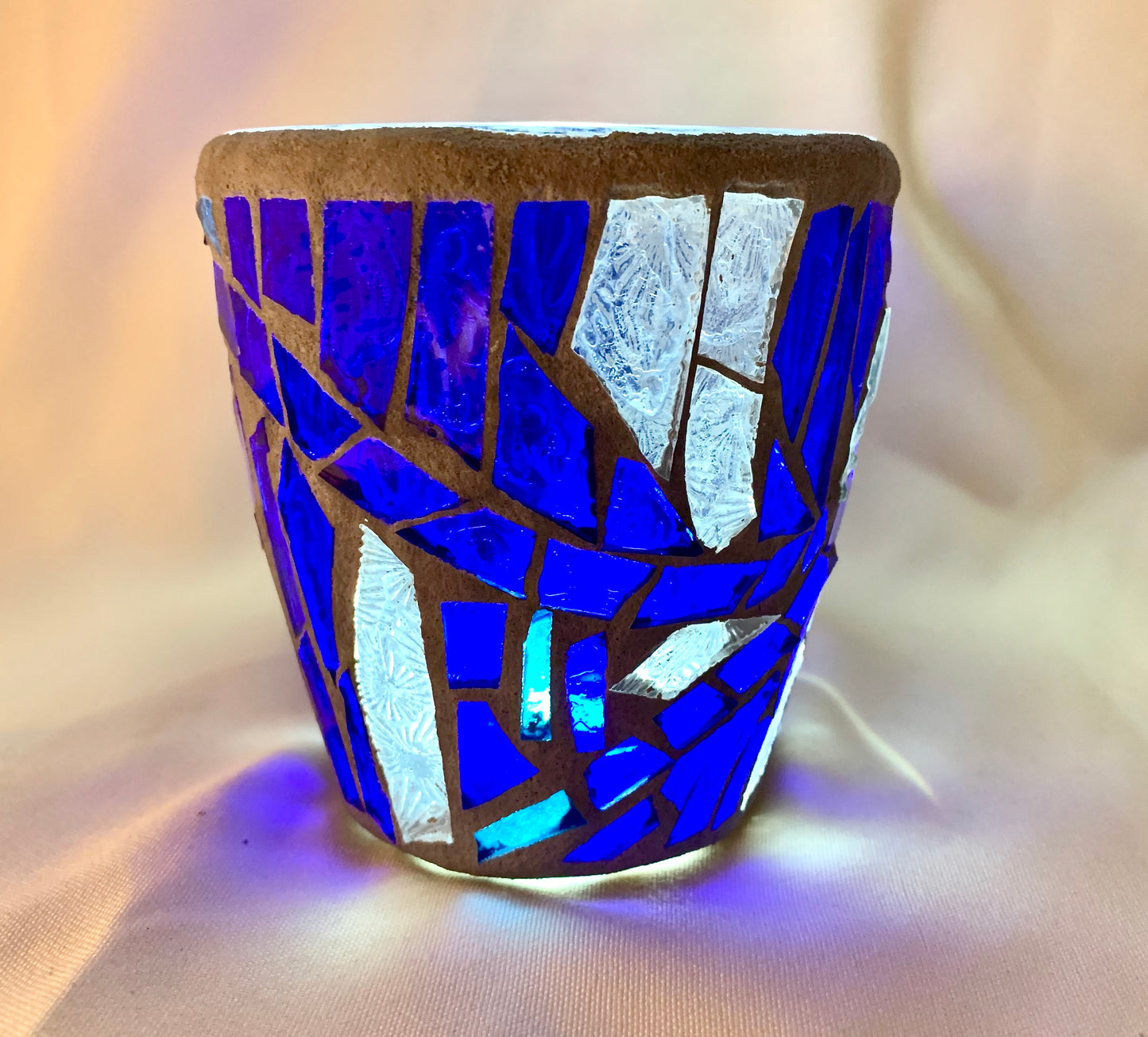 "Blue Crystal"  Stained Glass Candle Holder – Blue and Clear Glass with Delorean Gray Grout | Cathedral Candles"
