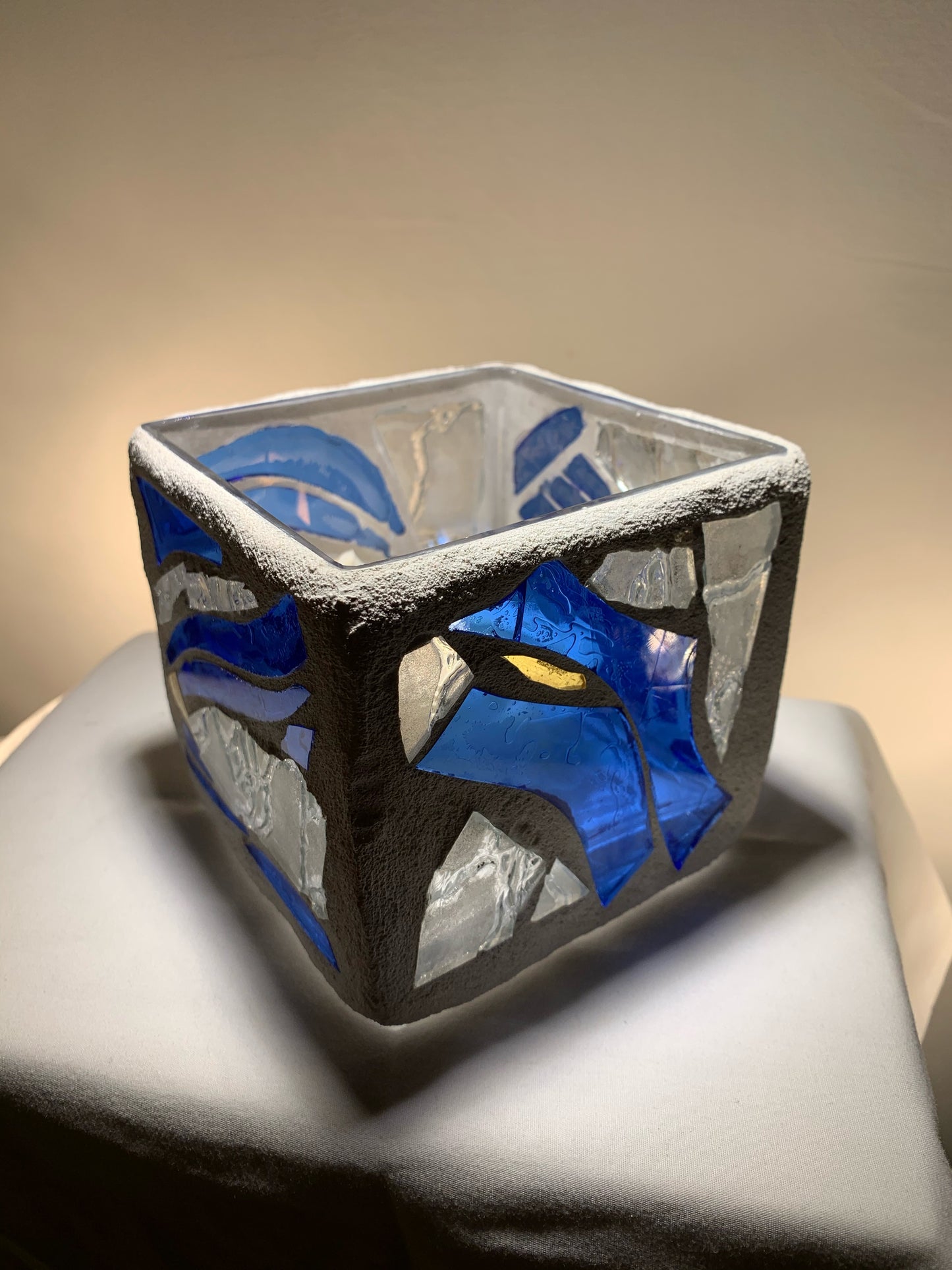 "Siren's Song" - 4x4x4 Blue Stained Glass Candleholder with Clear Accents