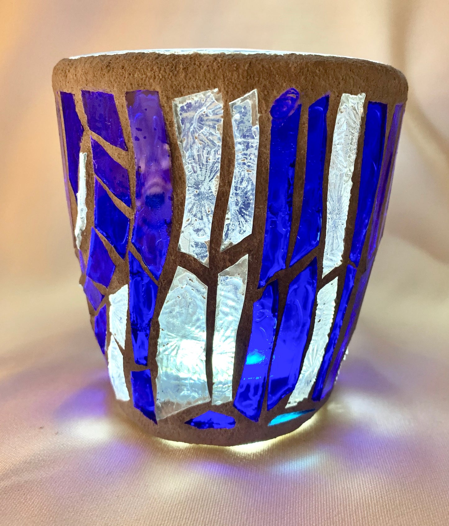 "Blue Crystal"  Stained Glass Candle Holder – Blue and Clear Glass with Delorean Gray Grout | Cathedral Candles"
