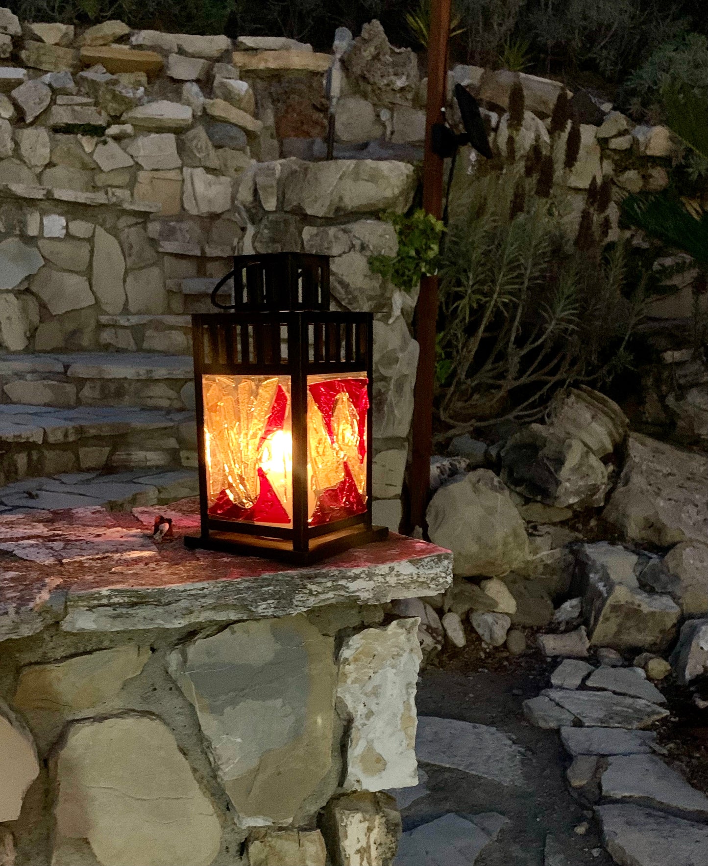 "Dark Magic: The Lantern" - Crimson, Yellow, and Clear Stained Glass, Halloween-Inspired Handcrafted Lantern"