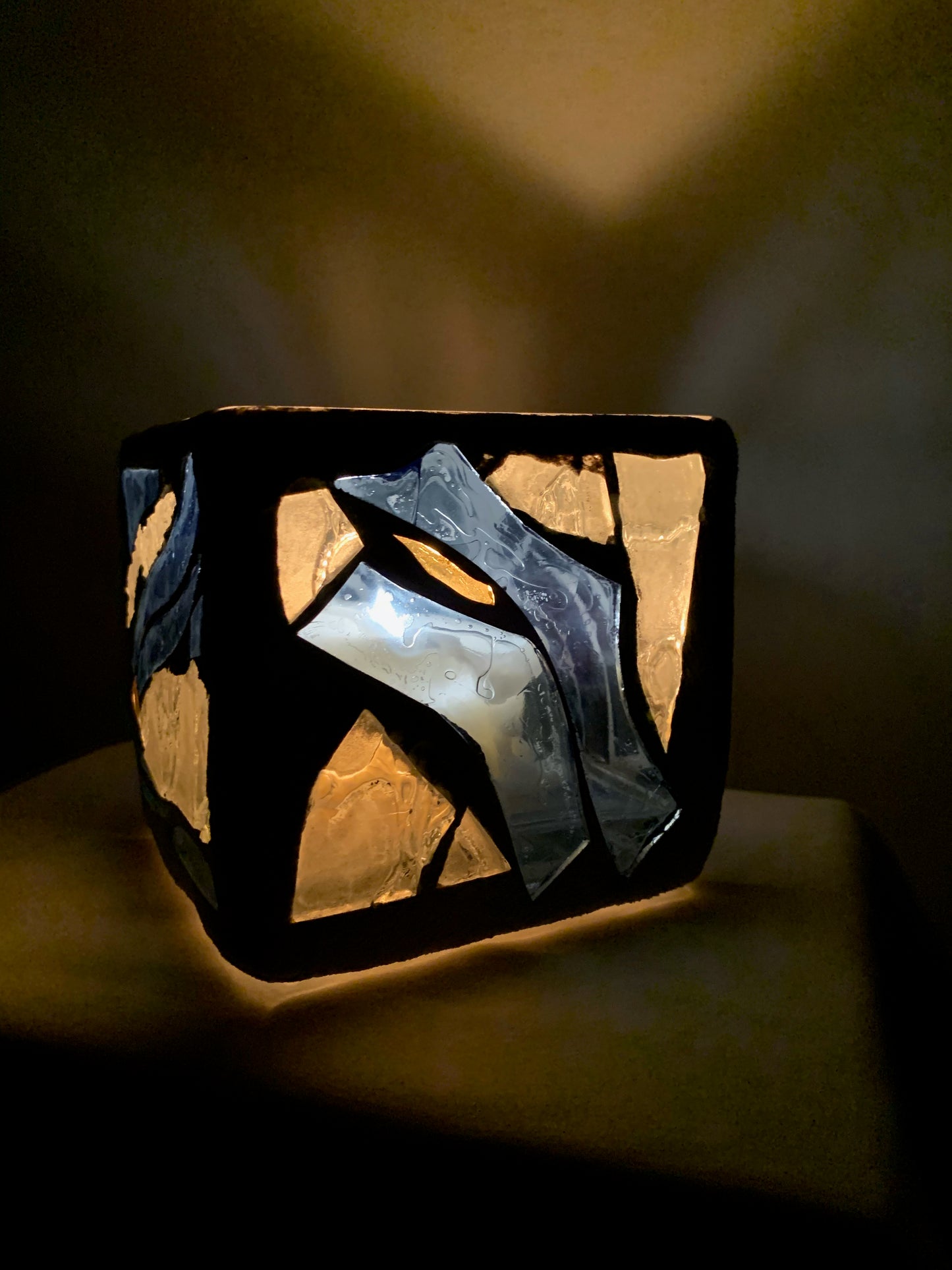 "Siren's Song" - 4x4x4 Blue Stained Glass Candleholder with Clear Accents