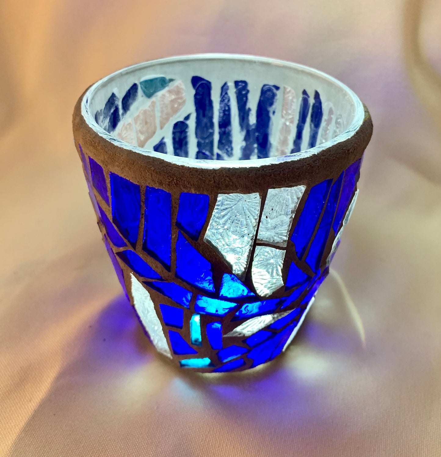 "Blue Crystal"  Stained Glass Candle Holder – Blue and Clear Glass with Delorean Gray Grout | Cathedral Candles"