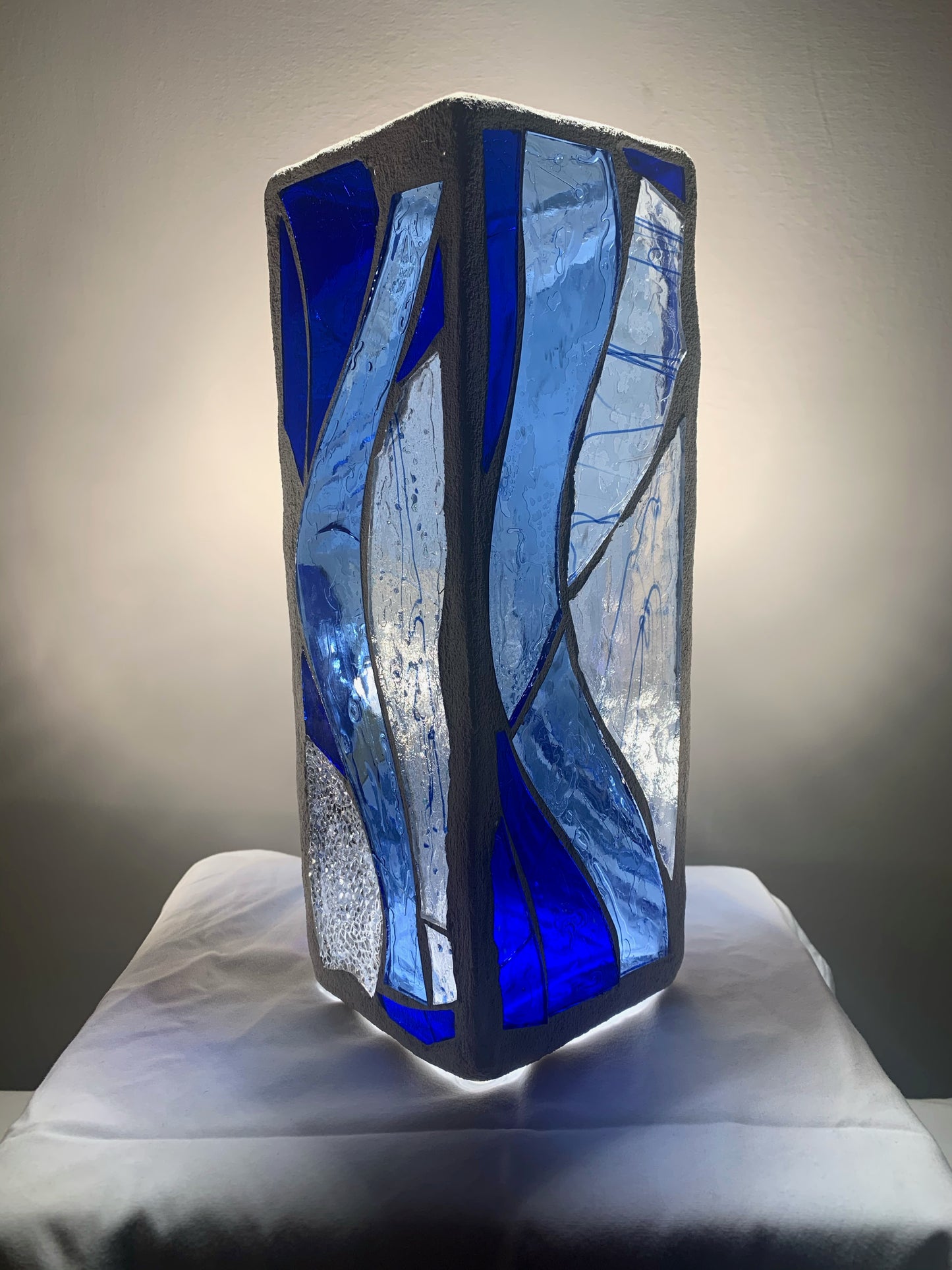 "The Blue Wind" Stained Glass Candle Holder – Sky Blue and Crystal Clear Glass with White Grout