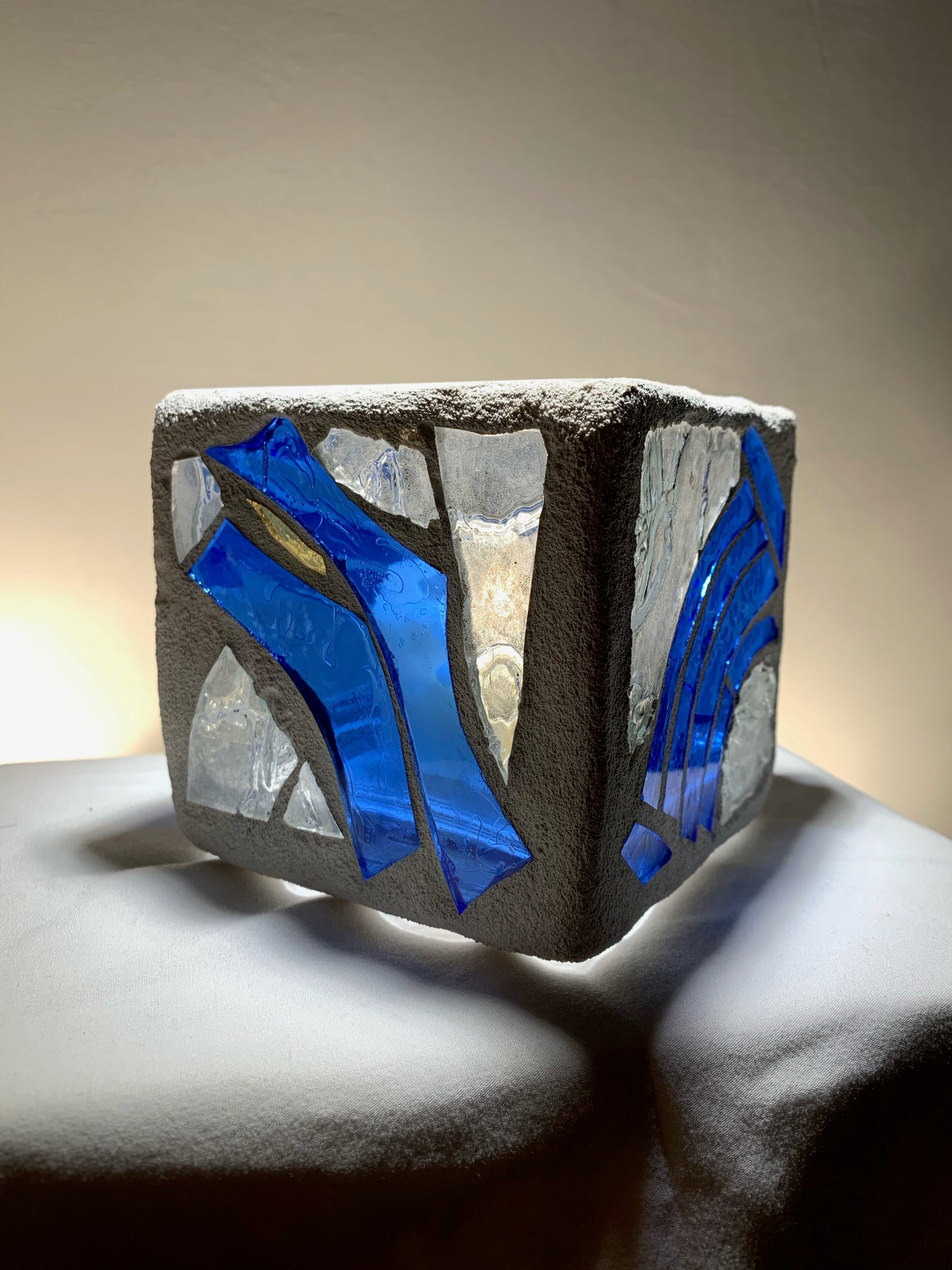 "Siren's Song" - 4x4x4 Blue Stained Glass Candleholder with Clear Accents