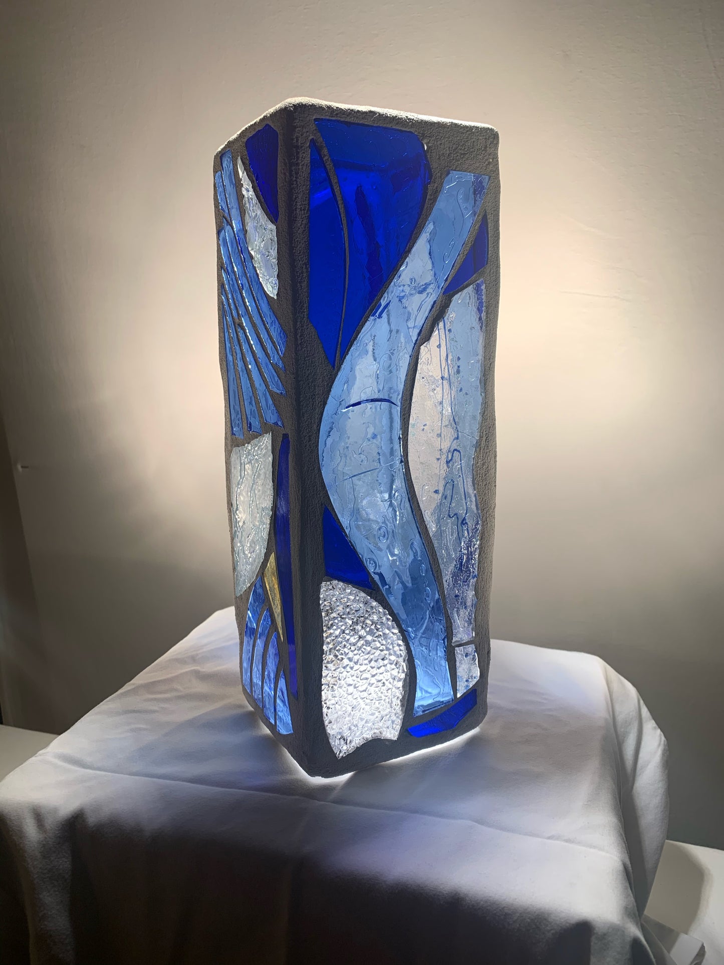 "The Blue Wind" Stained Glass Candle Holder – Sky Blue and Crystal Clear Glass with White Grout