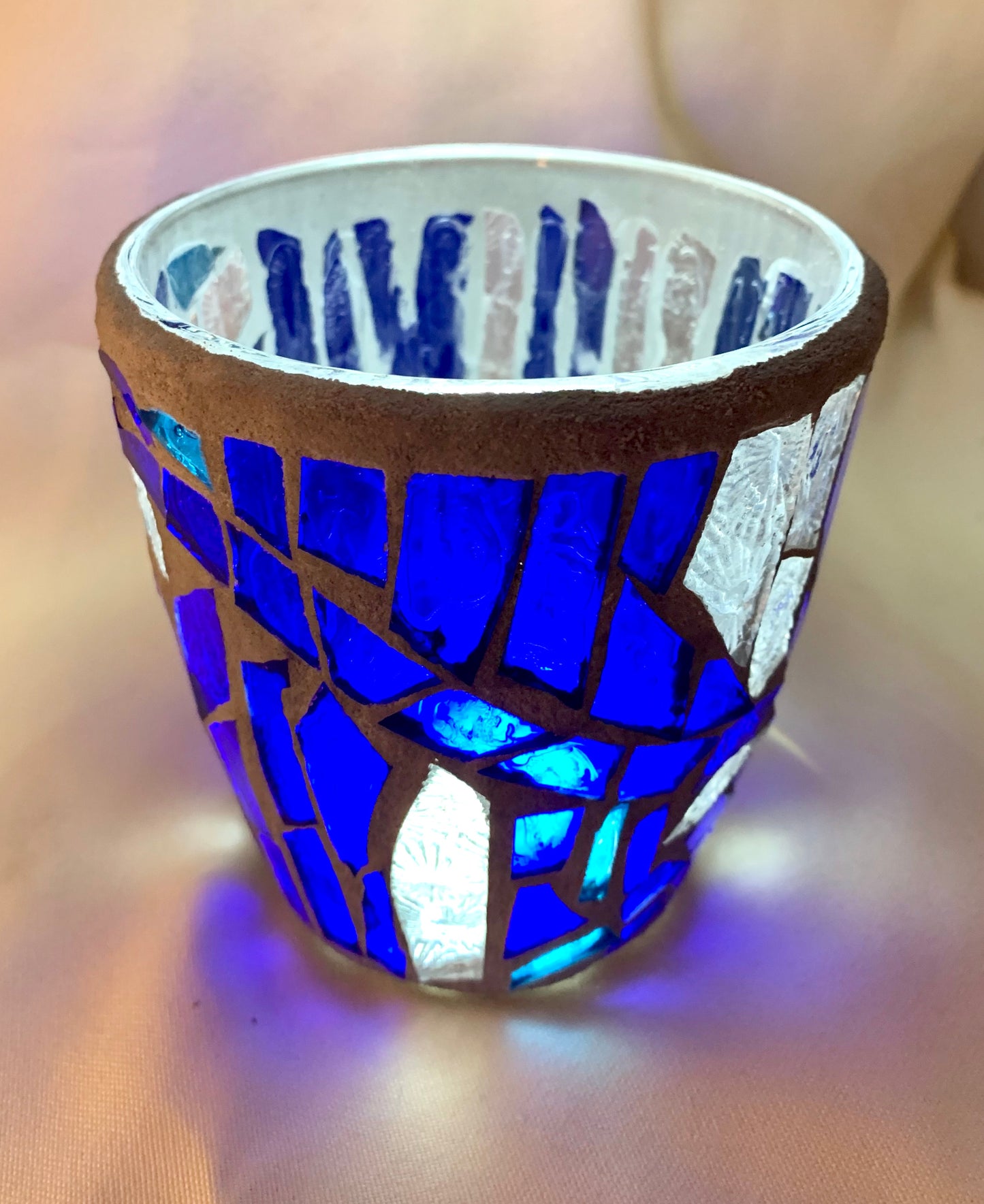 "Blue Crystal"  Stained Glass Candle Holder – Blue and Clear Glass with Delorean Gray Grout | Cathedral Candles"