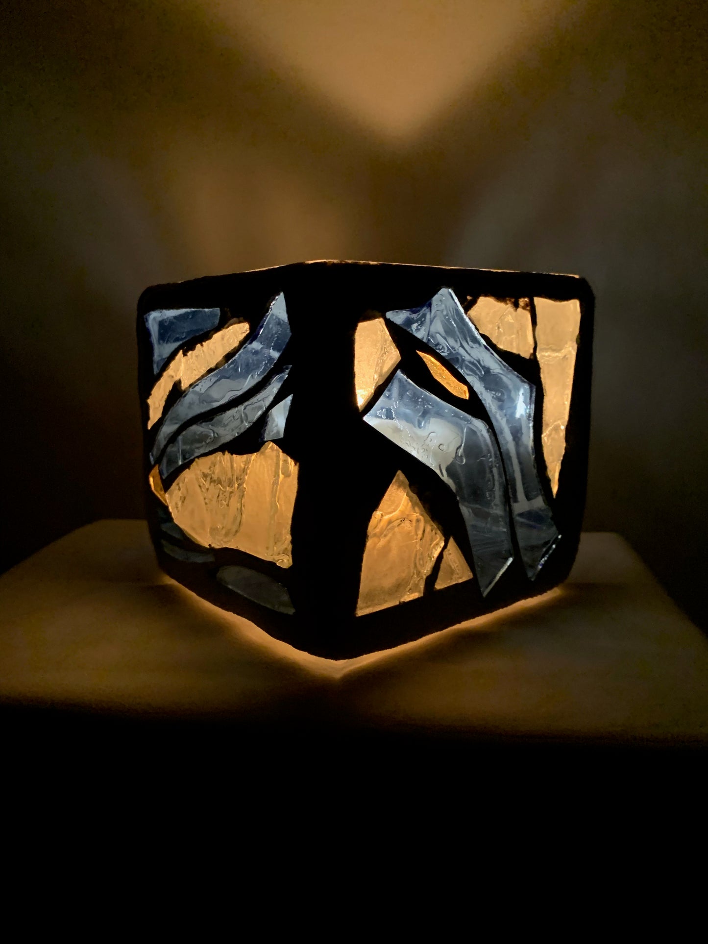 "Siren's Song" - 4x4x4 Blue Stained Glass Candleholder with Clear Accents