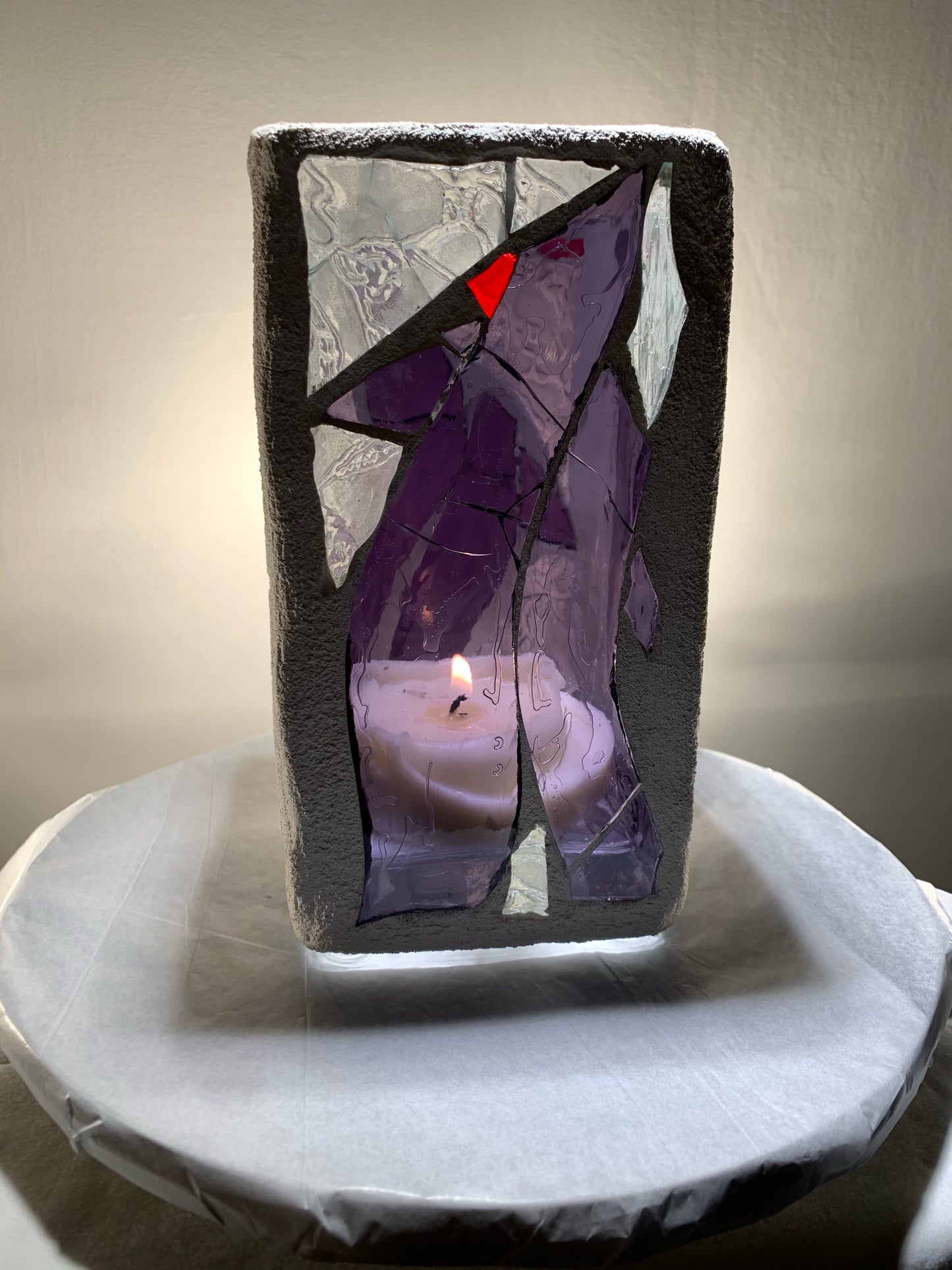 "Family" Stained Glass Candleholder, 8x4 with Purple, Blue, and Crystal Clear Design - Cathedral Candles by Martsolf Design