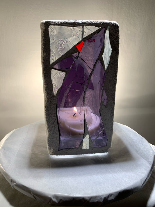 "Family" Stained Glass Candleholder, 8x4 with Purple, Blue, and Crystal Clear Design - Cathedral Candles by Martsolf Design