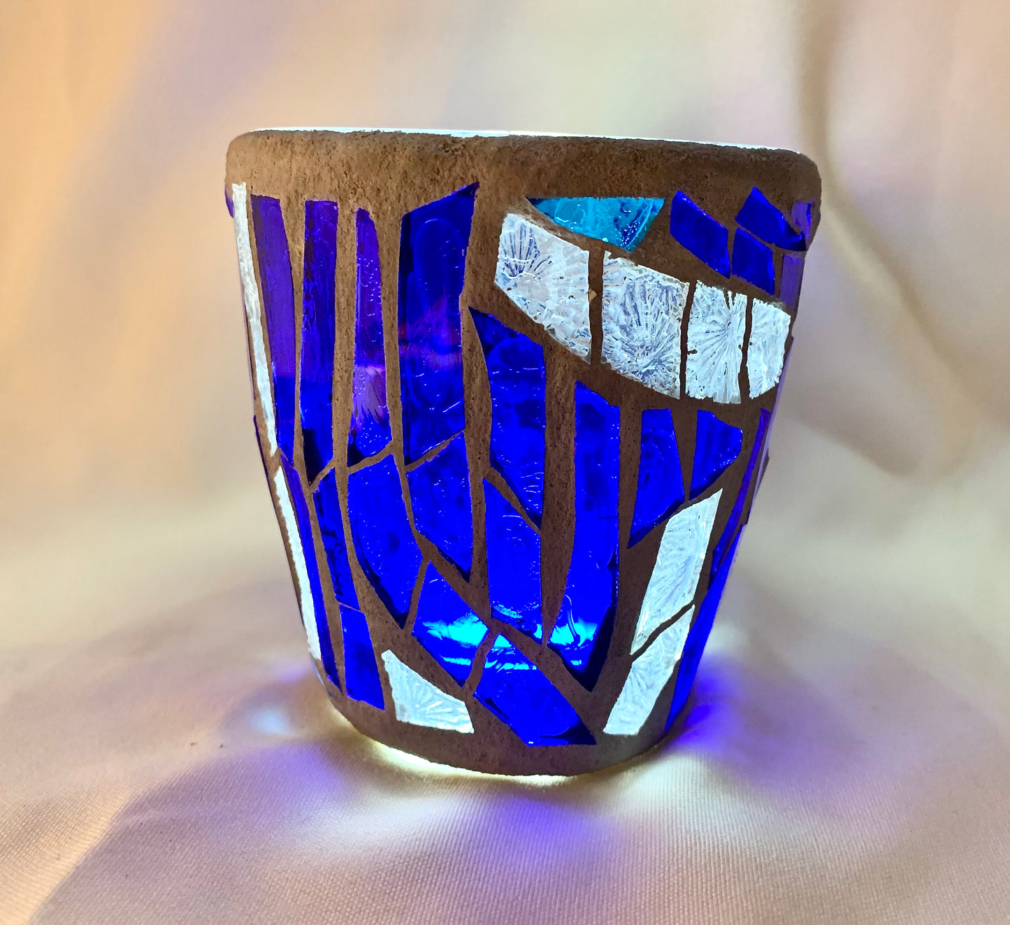 "Blue Crystal"  Stained Glass Candle Holder – Blue and Clear Glass with Delorean Gray Grout | Cathedral Candles"