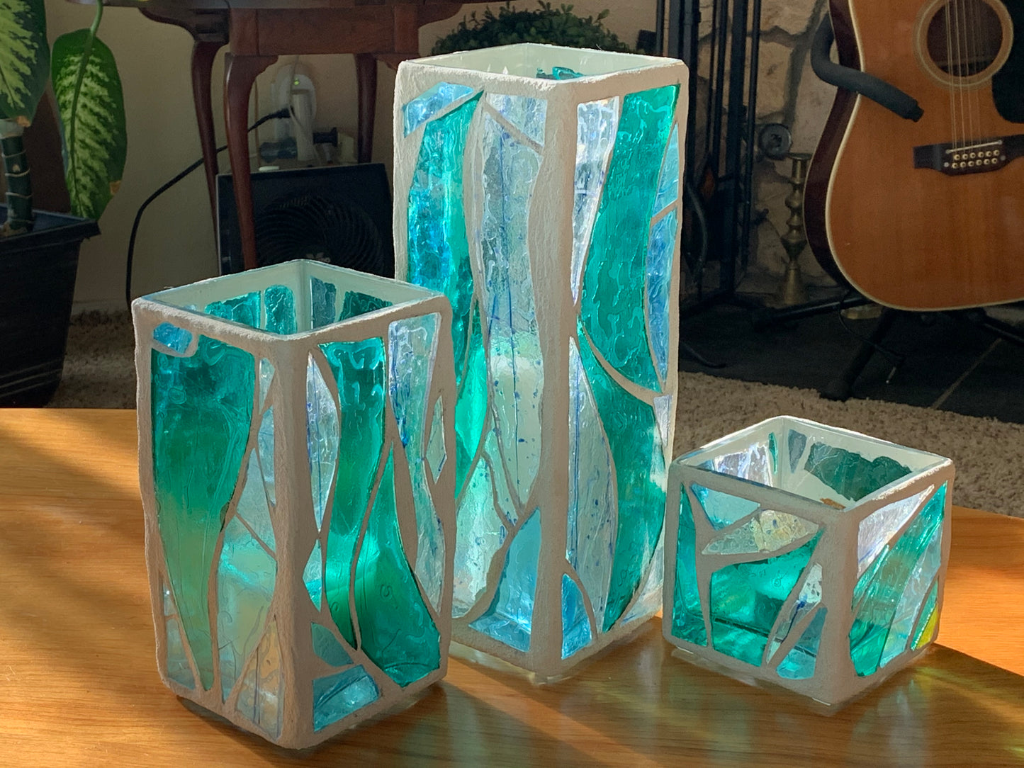"Big Green Sister OHO" Stained Glass Candle Holder – Green and Blue Glass with White Grout, 12x4x4”