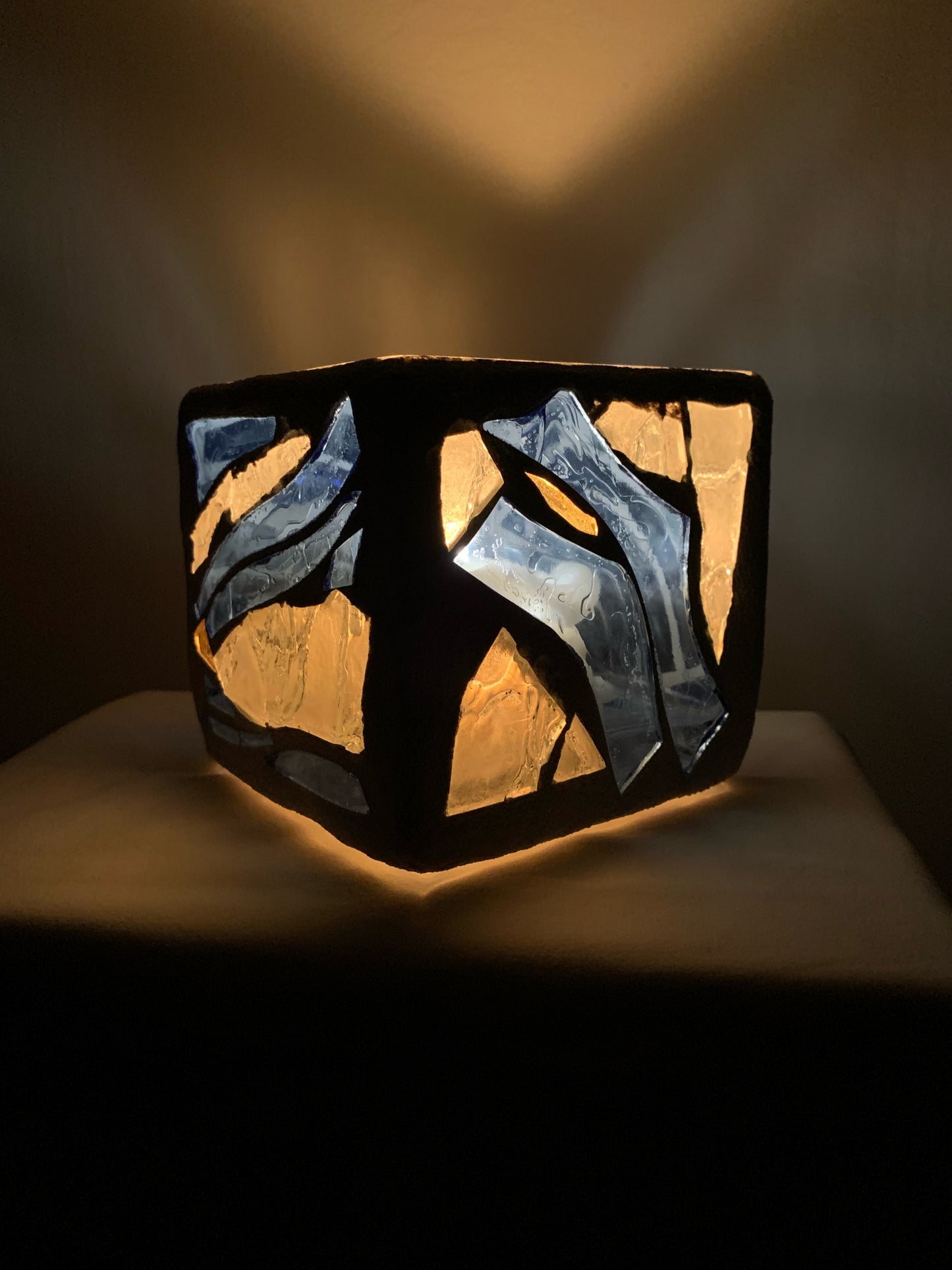 "Siren's Song" - 4x4x4 Blue Stained Glass Candleholder with Clear Accents