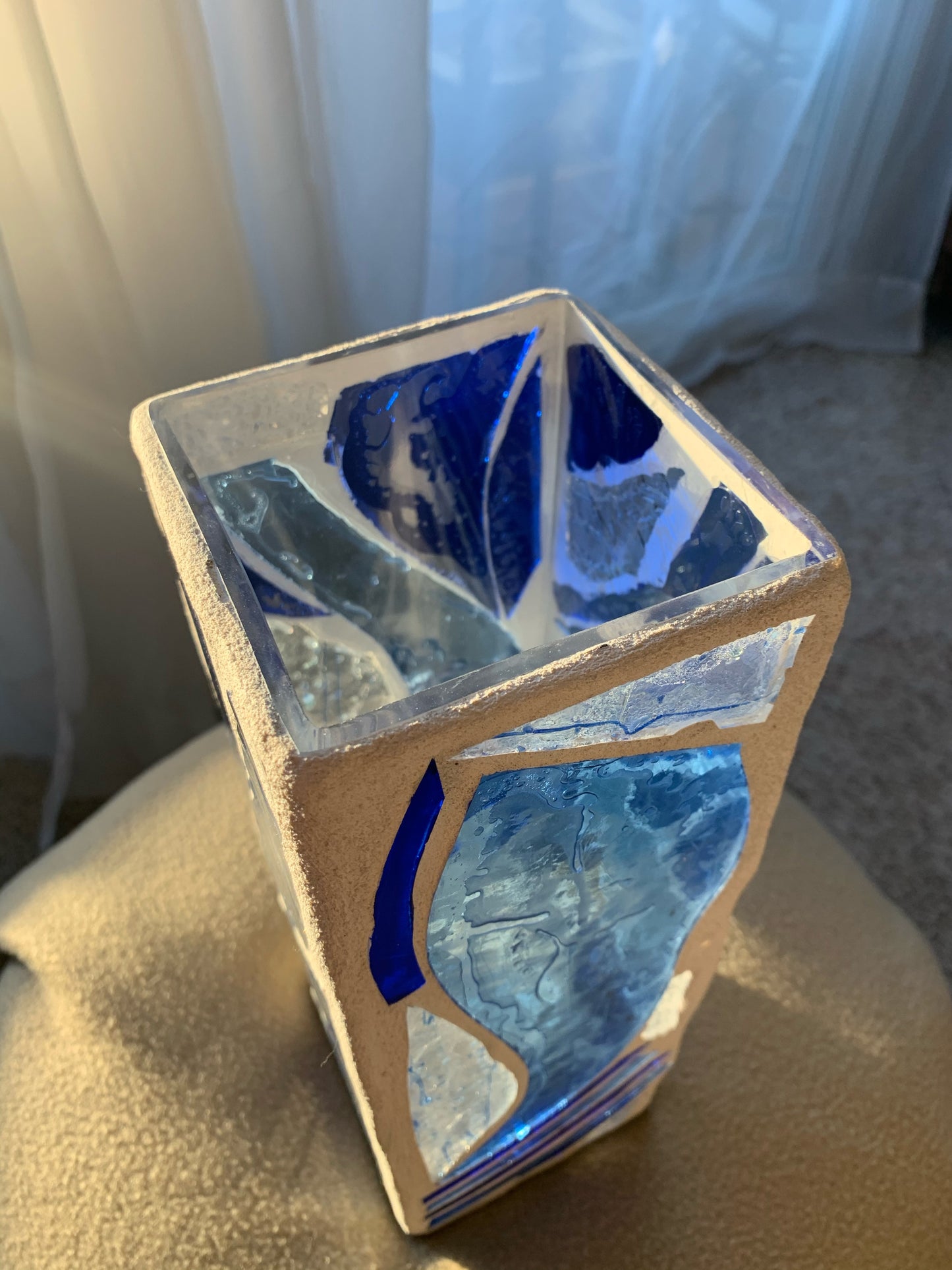 "The Blue Wind" Stained Glass Candle Holder – Sky Blue and Crystal Clear Glass with White Grout
