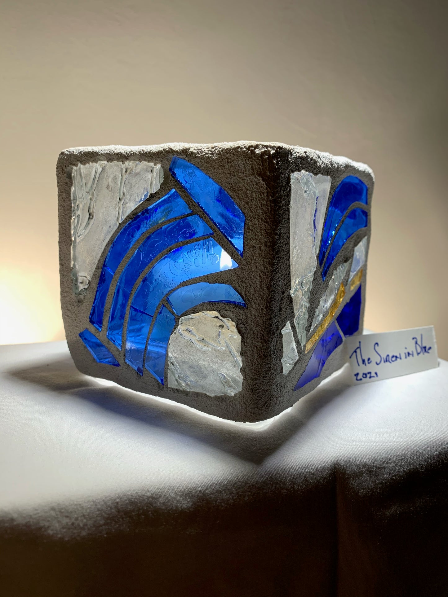 "Siren's Song" - 4x4x4 Blue Stained Glass Candleholder with Clear Accents