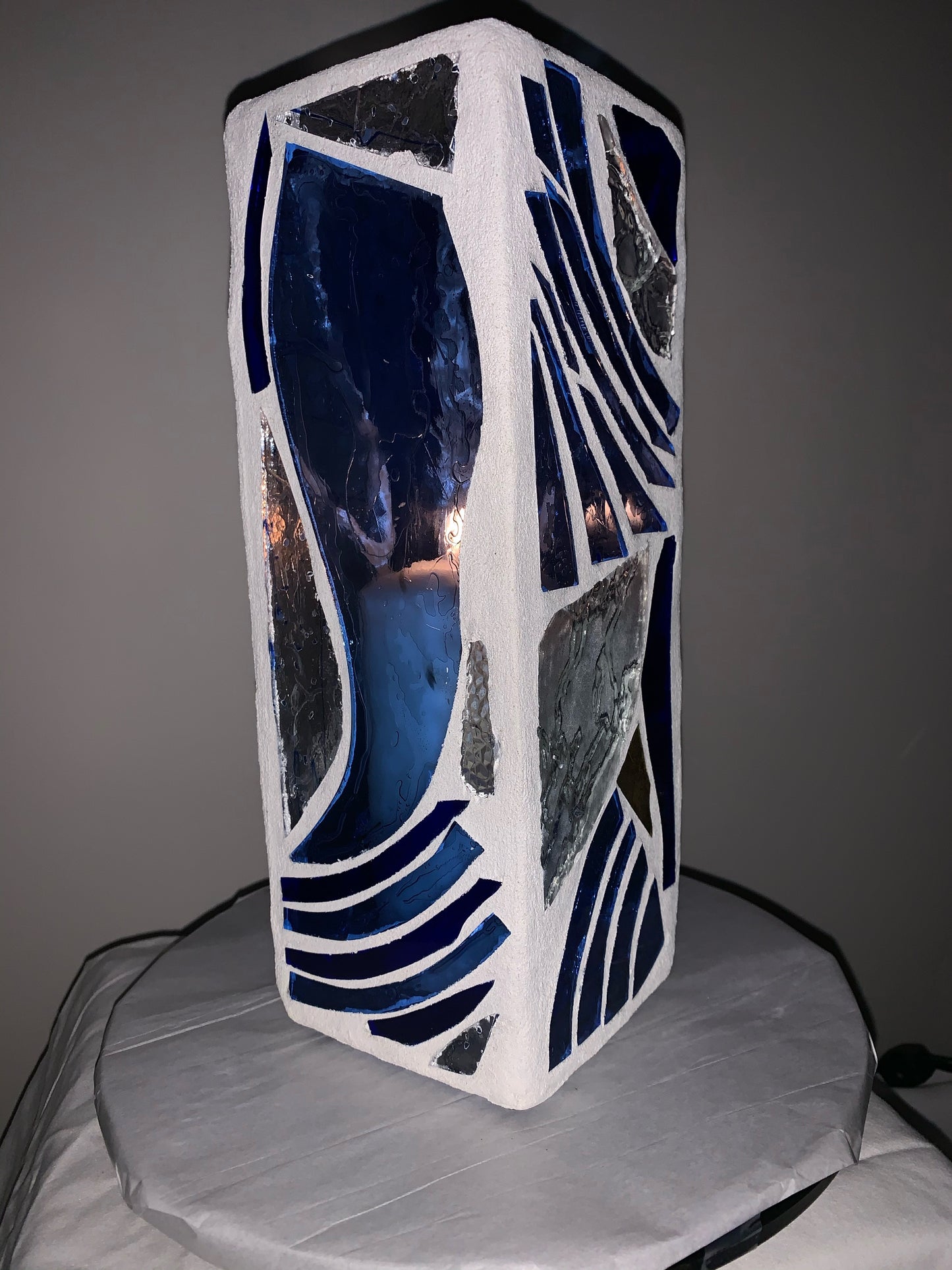 "The Blue Wind" Stained Glass Candle Holder – Sky Blue and Crystal Clear Glass with White Grout