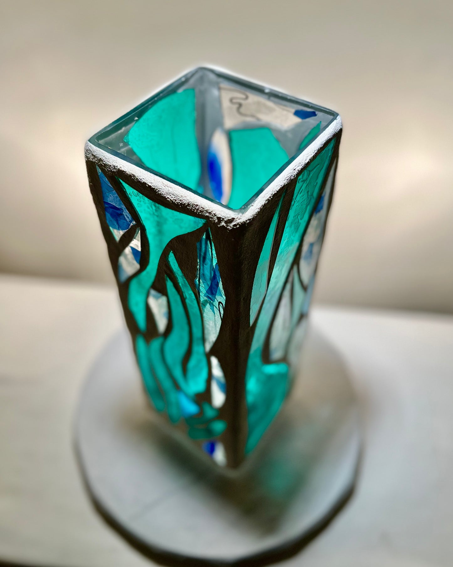 "Big Green Sister OHO" Stained Glass Candle Holder – Green and Blue Glass with White Grout, 12x4x4”