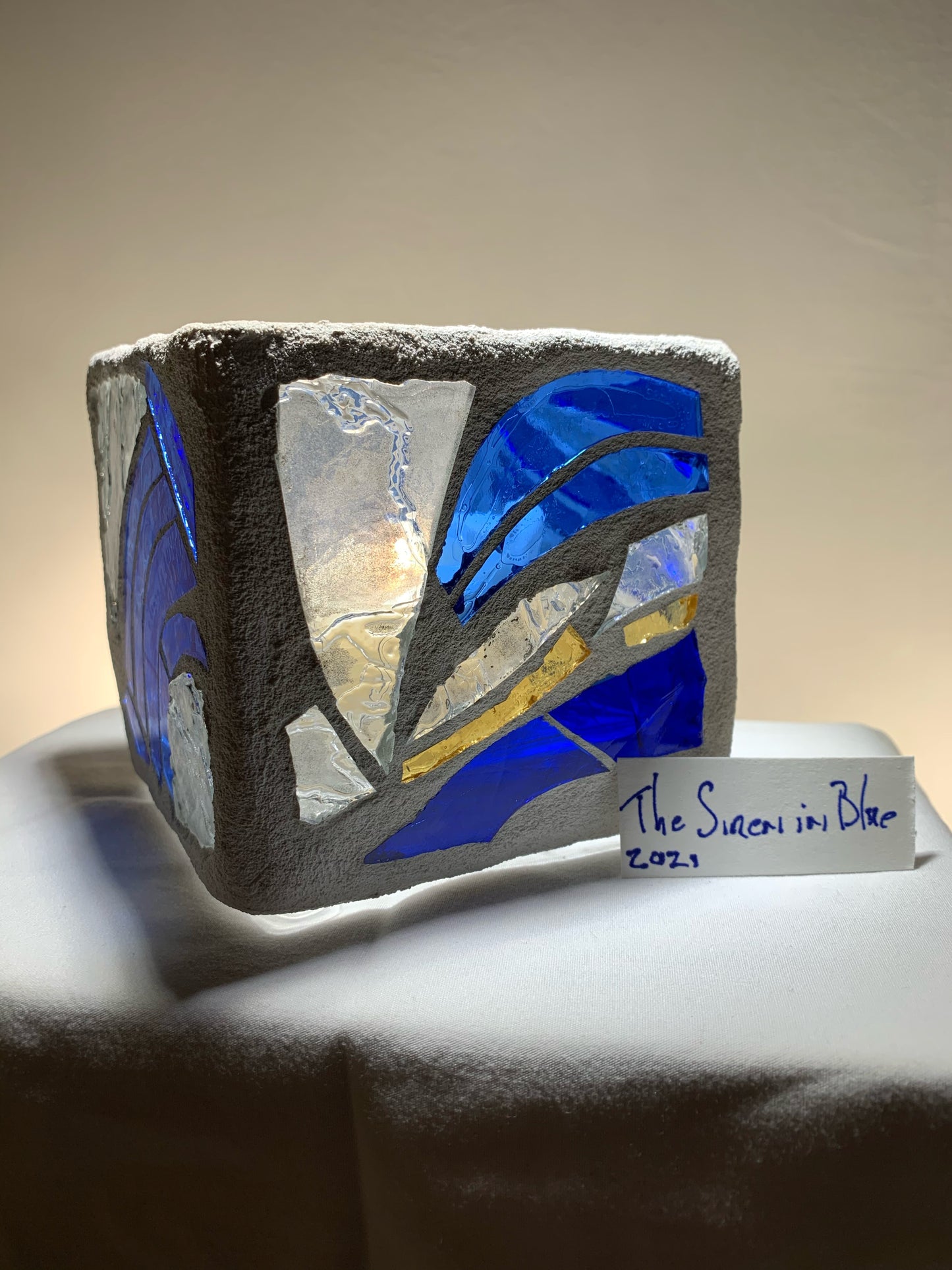 "Siren's Song" - 4x4x4 Blue Stained Glass Candleholder with Clear Accents