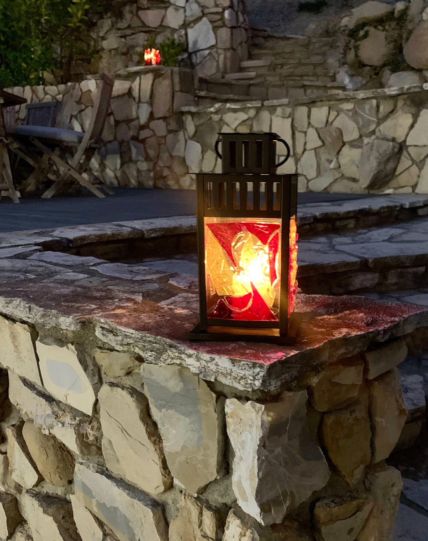 "Dark Magic: The Lantern" - Crimson, Yellow, and Clear Stained Glass, Halloween-Inspired Handcrafted Lantern"